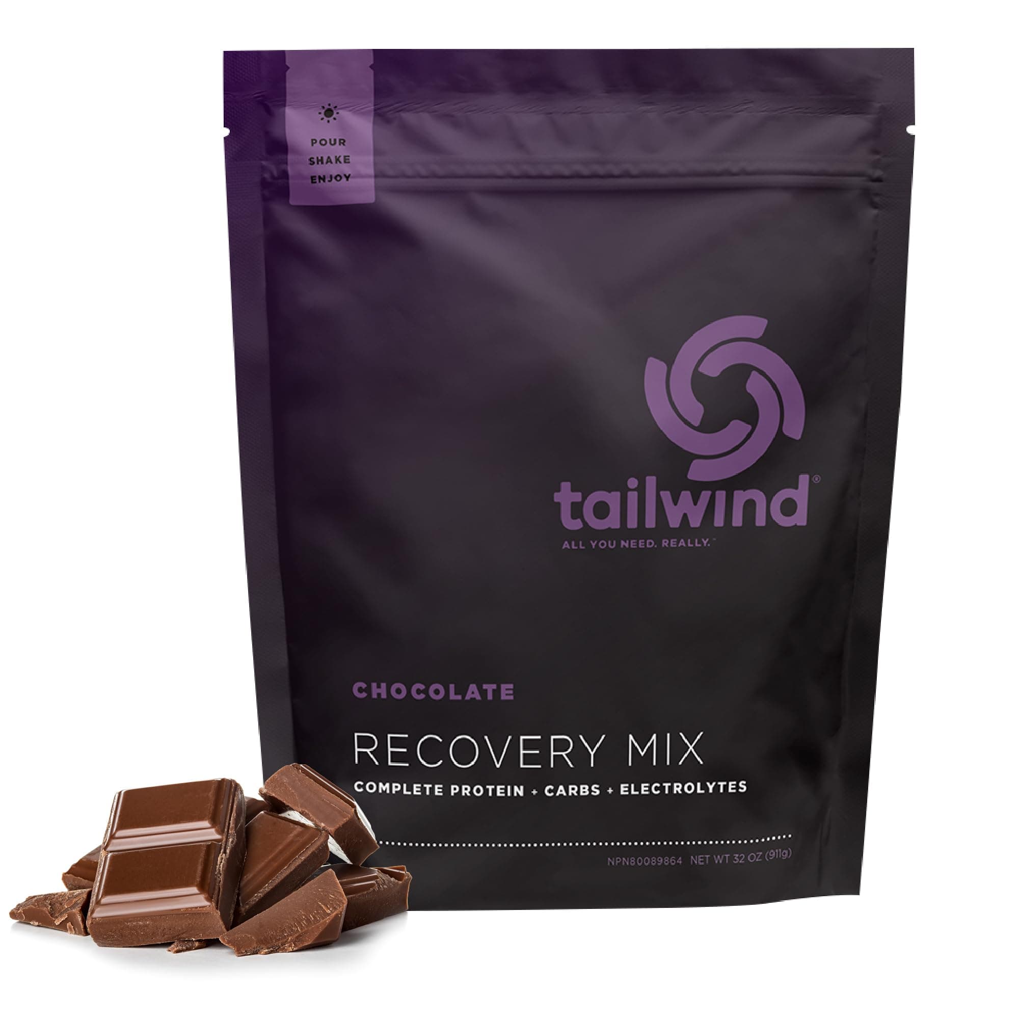 Tailwind Nutrition Rebuild Recovery Chocolate Drink Mix 15 Serving Pouch - Complete Protein, Electrolytes and Carbohydrates - Vegan, Gluten-Free, No Soy or Dairy
