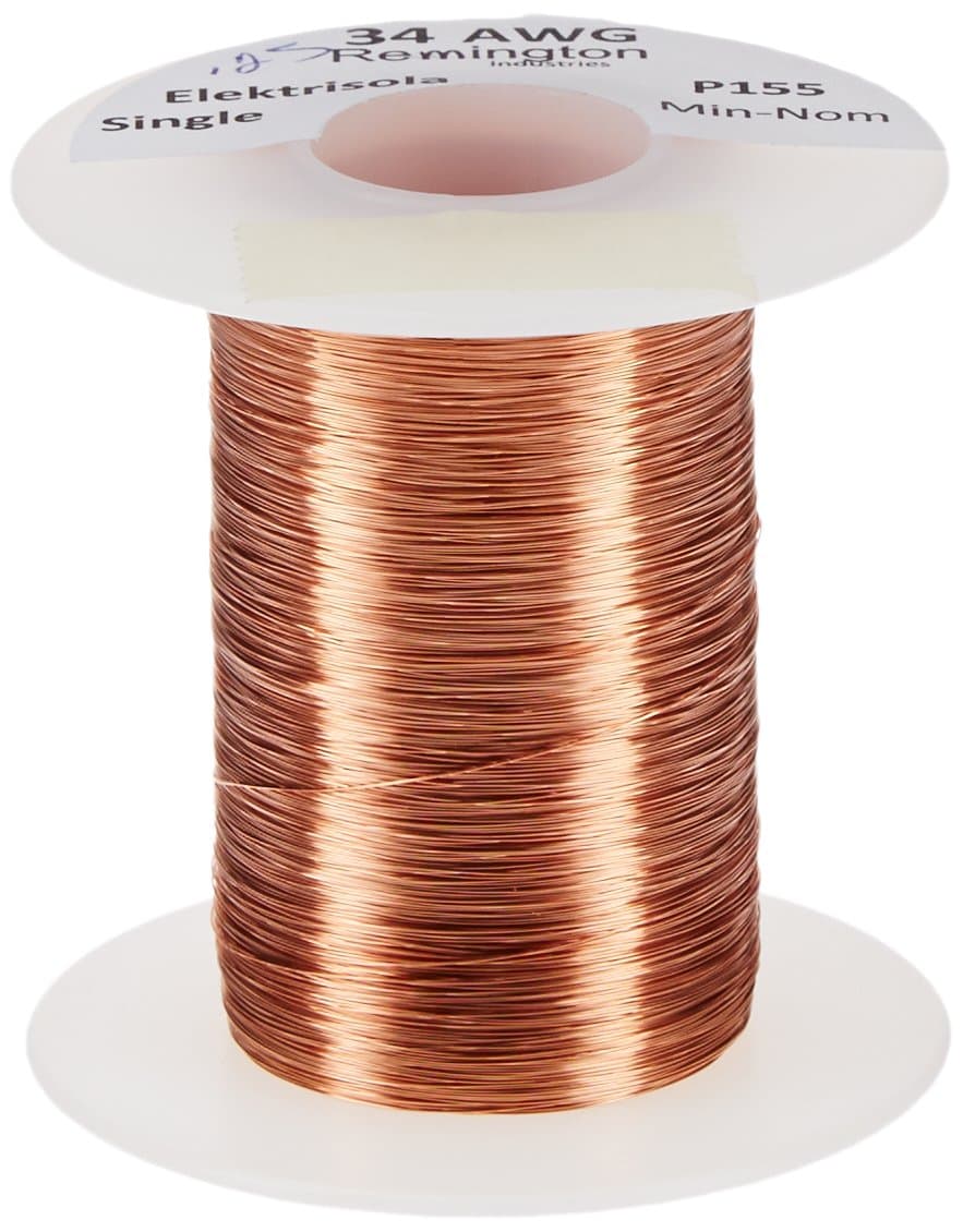 Magnet Wire, Enameled Copper Wire, 34 AWG, 4 oz, 2022' Length, 0.0069" Diameter, Natural