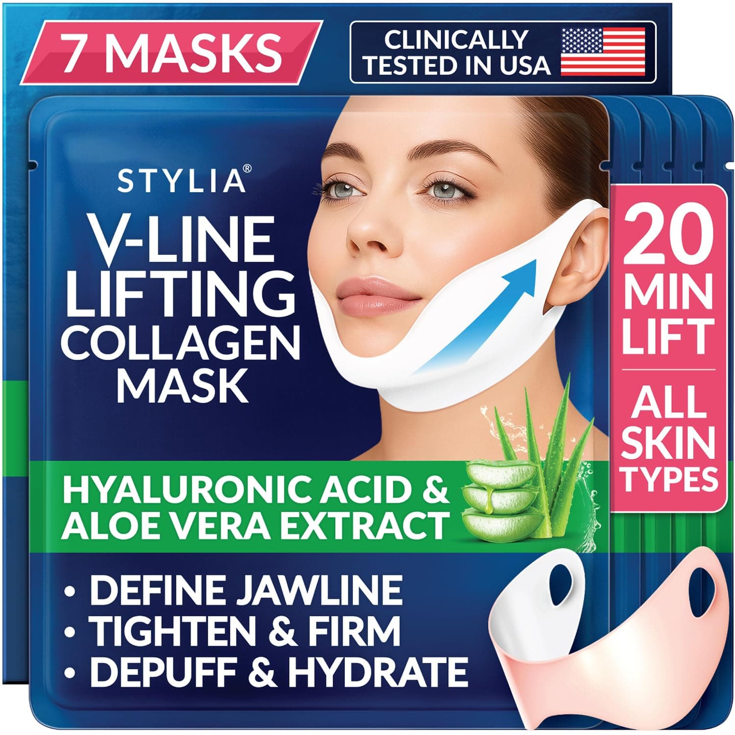 Stylia V Line Lifting Collagen Mask - Lift, Firm & Contour Jawline - Tightening Double Chin Strap with Hyaluronic Acid & Aloe - Neck Tightening and Lifting Mask - Jawline Shaper Face Lift Tape (7PC)