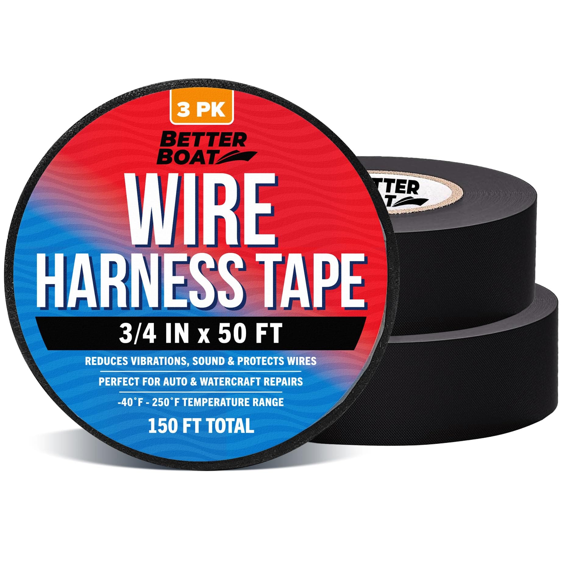Better Boat 3pk Wire Harness Tape, Heat Resistant Loom Fabric Wrap, High-Temperature Cloth Electrical Wiring, 3/4" x 50ft, Marine and Automotive Felt