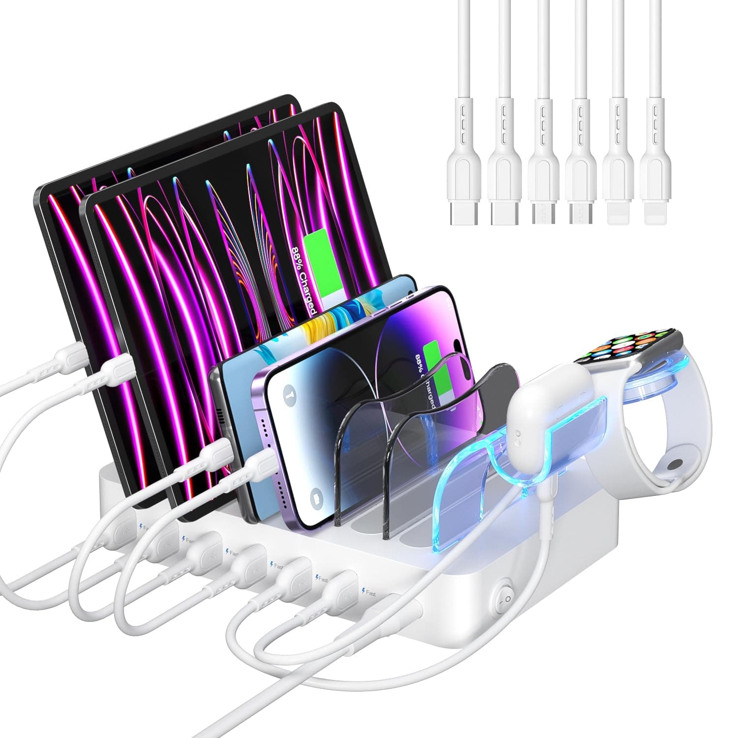 SooPii USB Charging Station Organizer for Multiple Devices, 6 Ports 50W Charging Dock With 6 Cables and Upgraded i-Watch Charger Holder Included, for Phones,Tablets and Other Electronics,White