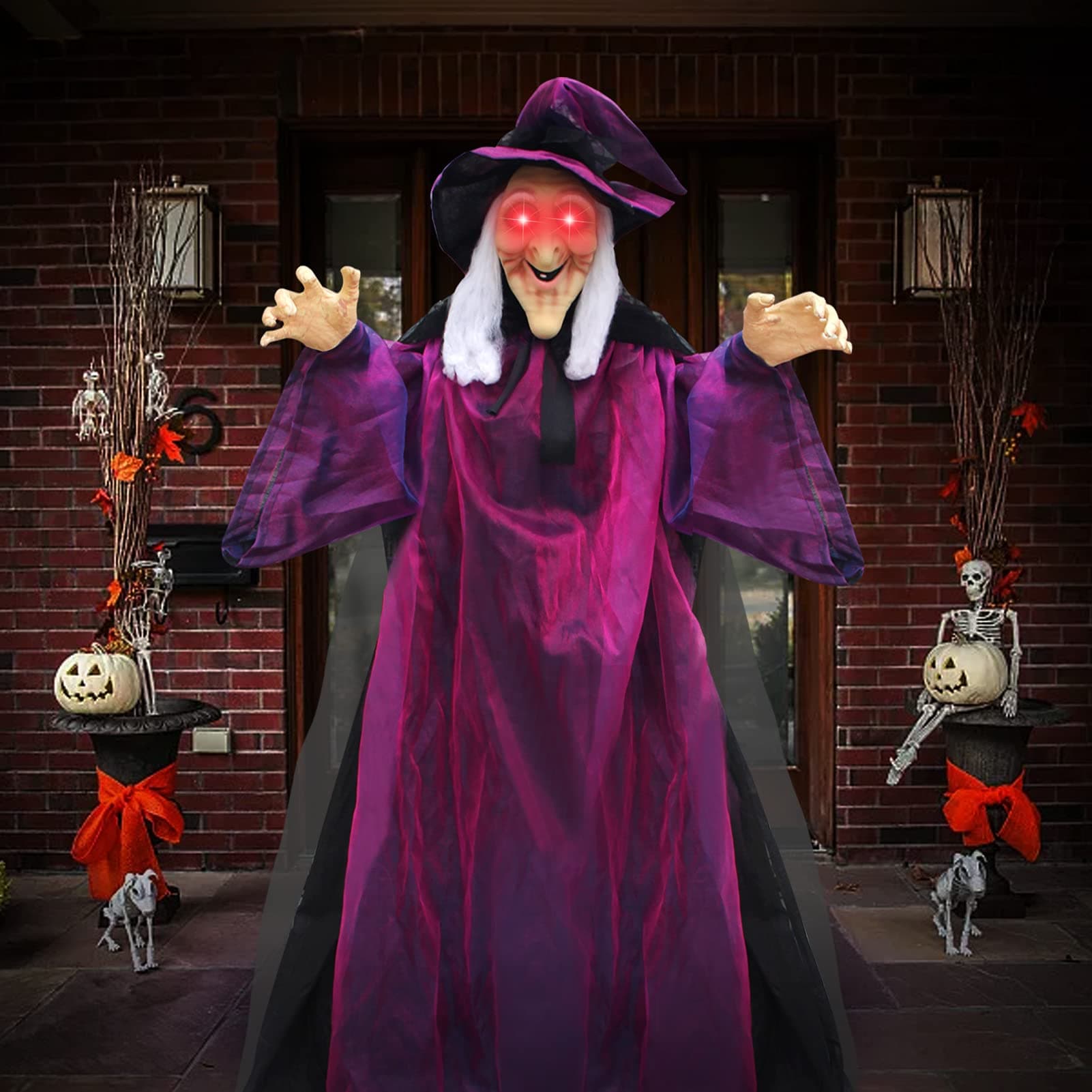 OZMI 79" Halloween Hanging Talking Witch, Animated Witch with Glowing Red Eyes Life Size Halloween Decorations Witch for Haunted House Indoor Outdoor Halloween Decor Prop (Halloween Witch Purple)