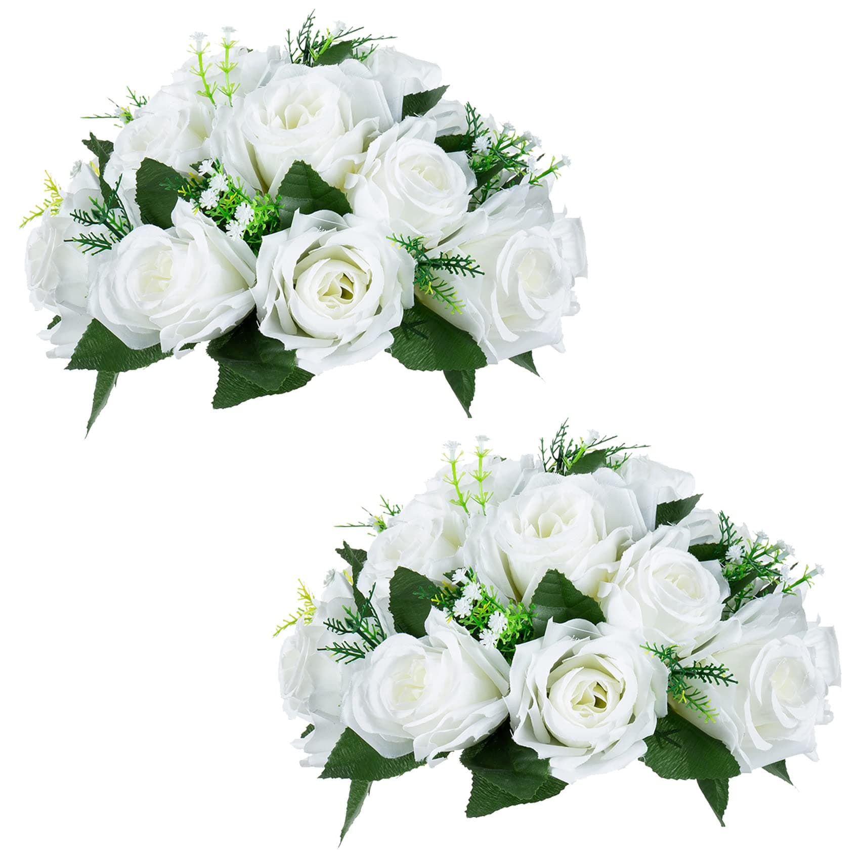 NUPTIO Pcs of 2 Fake Flower Ball Arrangement Bouquet,15 Heads Plastic Roses with Base, Suitable for Our Store's Wedding Centerpiece Flower Rack for Parties Valentine's Day Home Décor (Pure White)