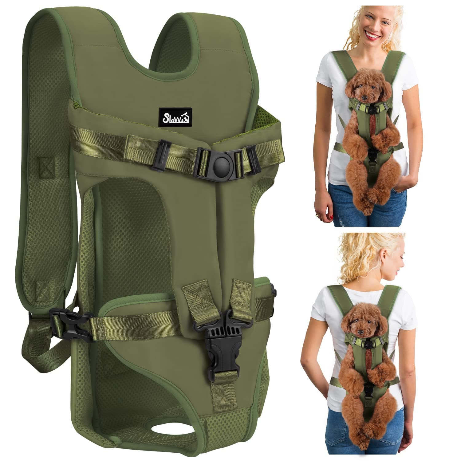 Lukovee Backpack Carrier, Legs Out Easy-Fit Front Carrier for Small Medium Dogs, Adjustable Hands-Free Chest Carrier for Hiking, Cycling (Green, Small)
