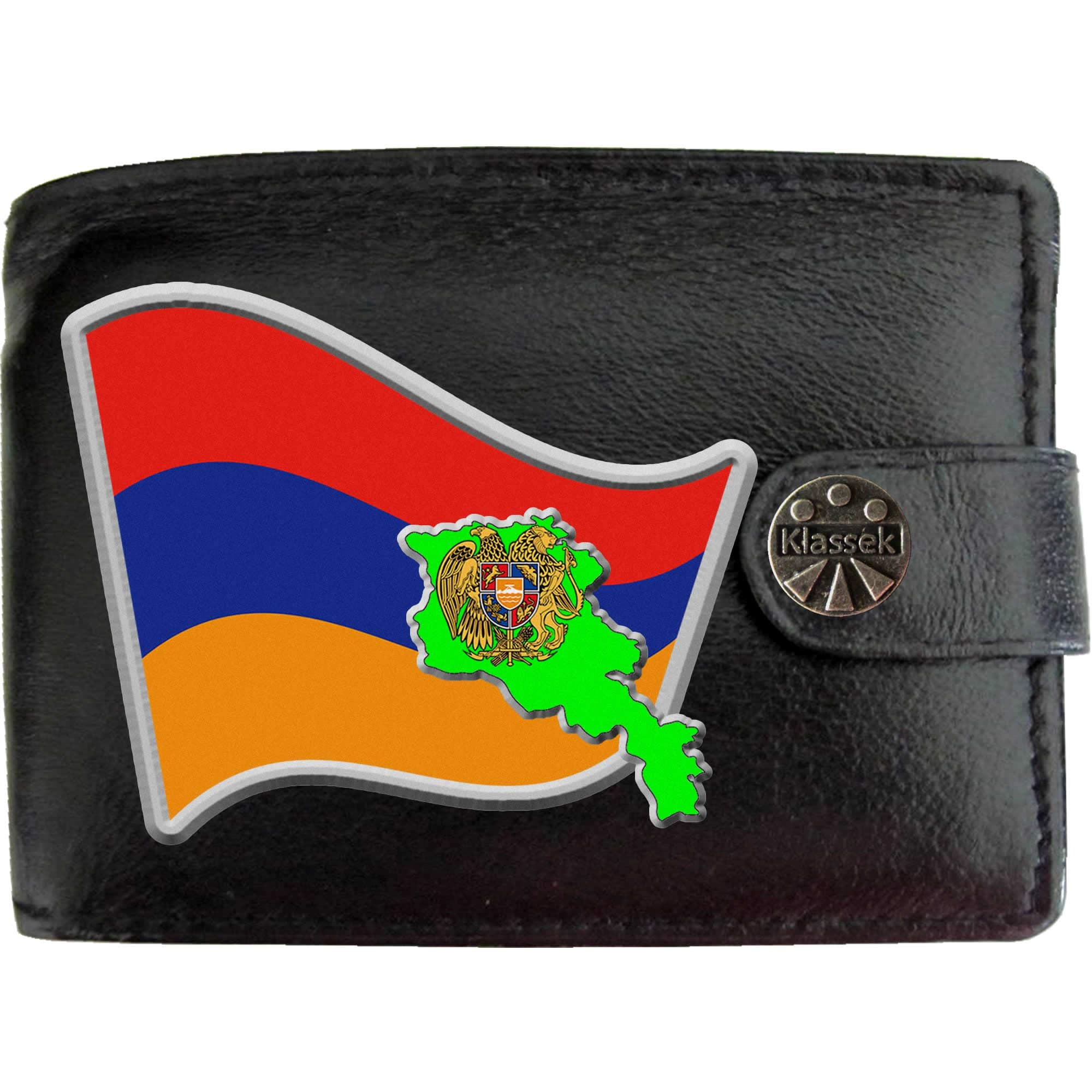 Klassek Armenia Flag Armenian Map and Coat of Arms COA Mens Wallet Real Black Leather RFID Blocking with Coin Pocket and Metal Gift Box