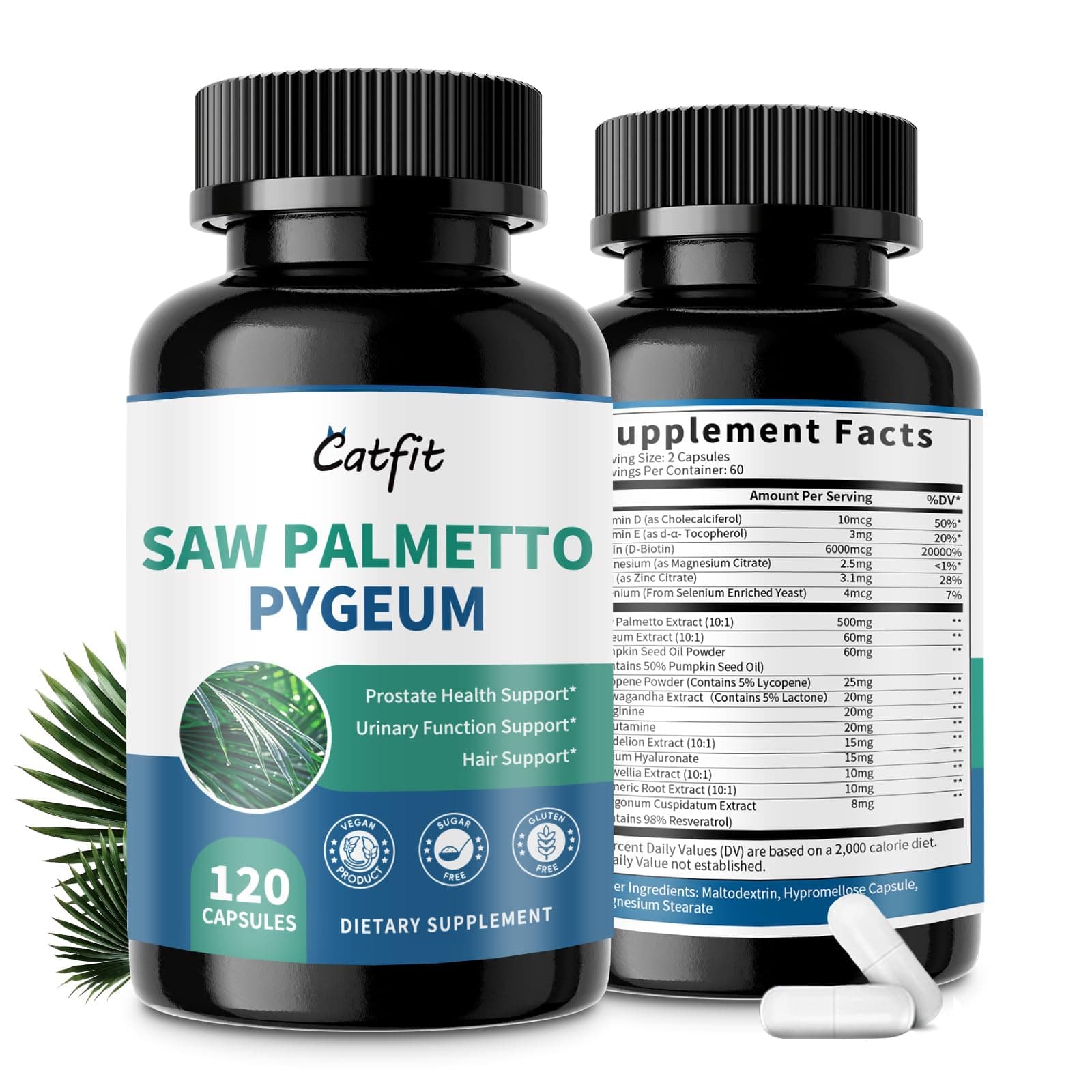 Catfit Saw Palmetto for Men – Prostate Health & Urinary Support & DHT Blocker, Hair Health with Biotin 6000mcg, Pumpkin Seed Oil, Pygeum & Lycopene – Energy & Vitality Formula, 120 Capsules