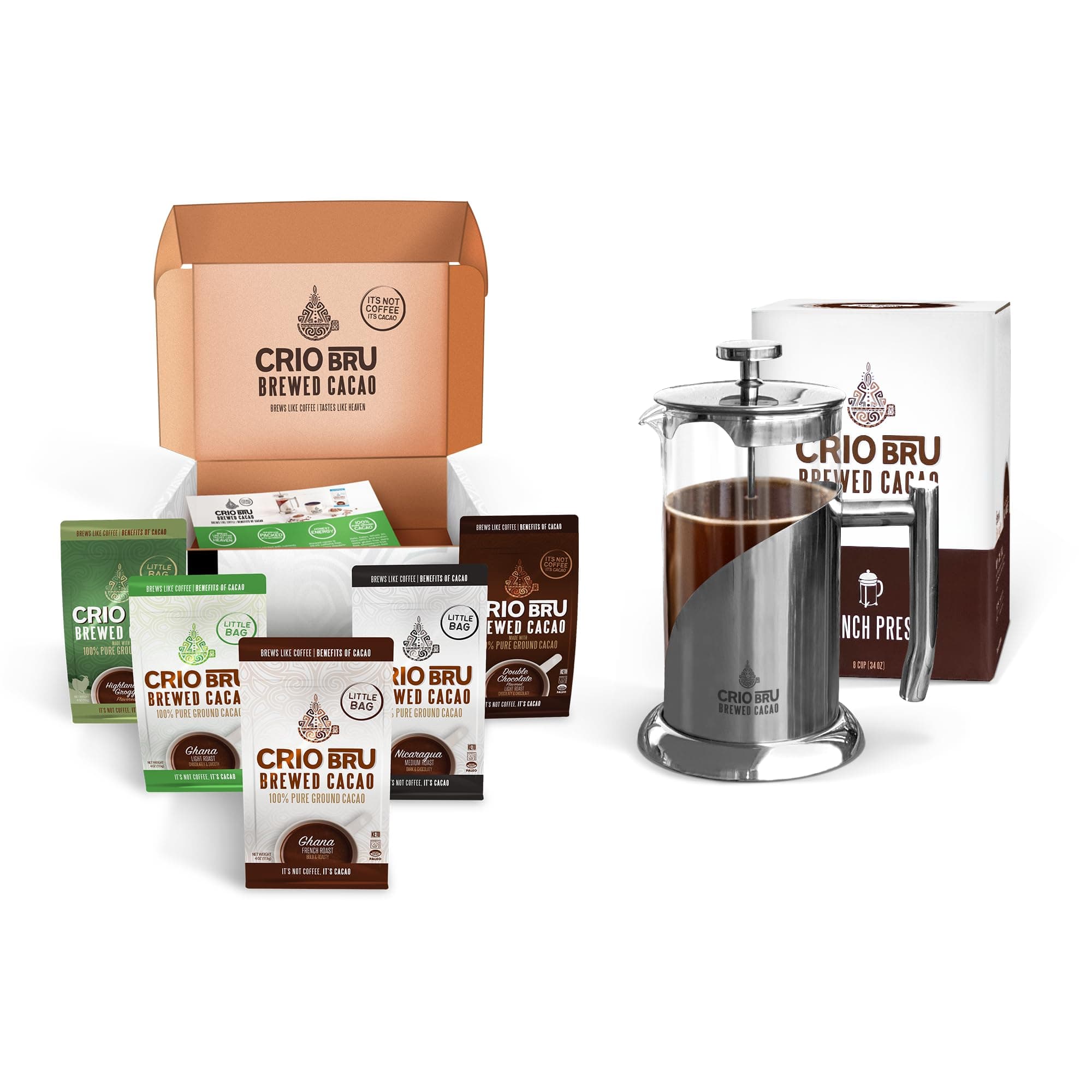 Sampler Starter Kit/Set (5 Varieties) | Natural Healthy Brewed Cacao Drink | Great Substitute to Herbal Tea and Coffee | 99% Caffeine Free | Keto Whole-30 Honest Energy Brew And Enjoy Hot or Iced (Set (Incl. French Press))