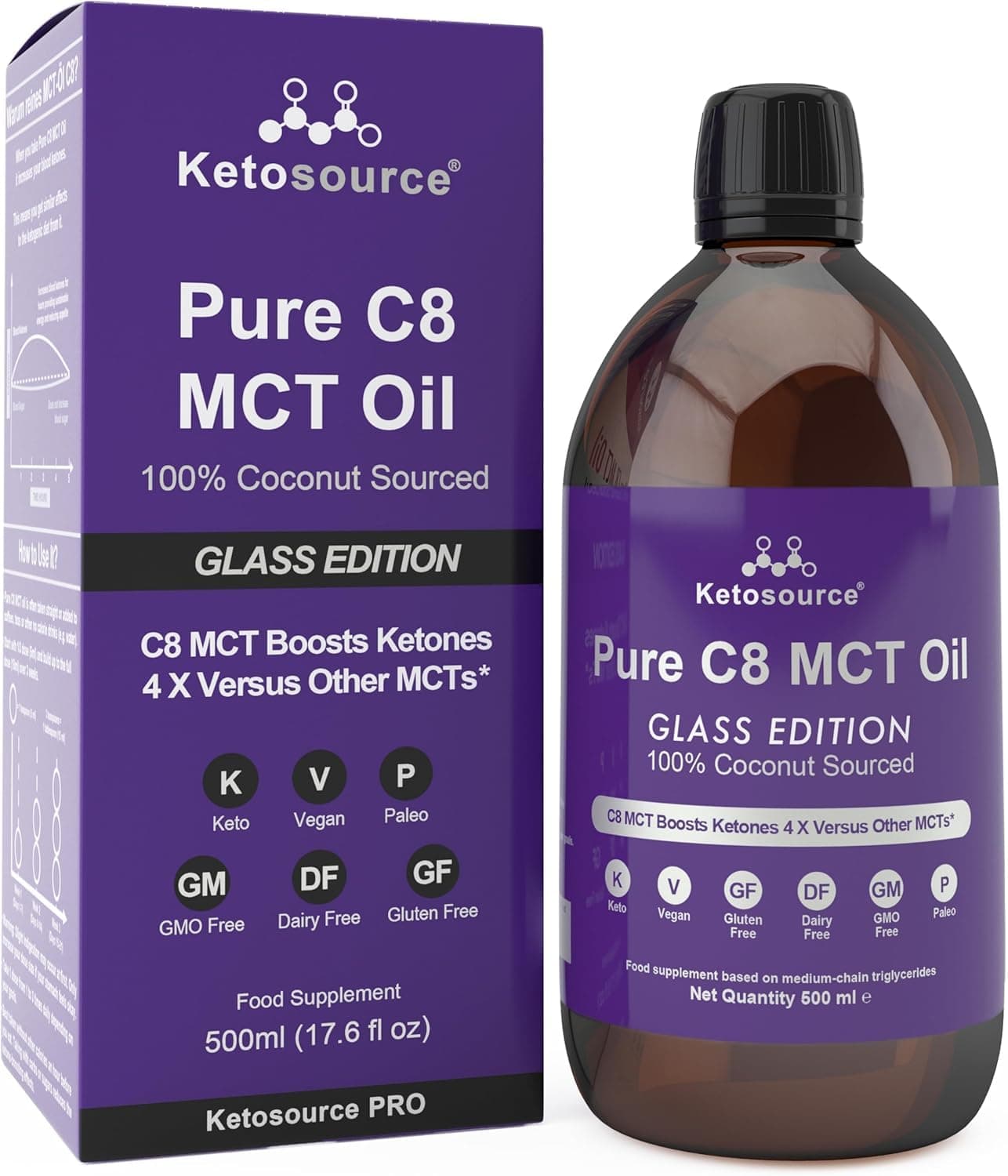 Pure C8 MCT Oil | Glass Bottle | Boosts Ketones 4X Versus Other MCTs | Highest 99%+ Lab Tested Purity | 100% Coconut Sourced | Supports Keto & Fasting | Vegan | Bulletproof Coffee | 500ml Ketosource®