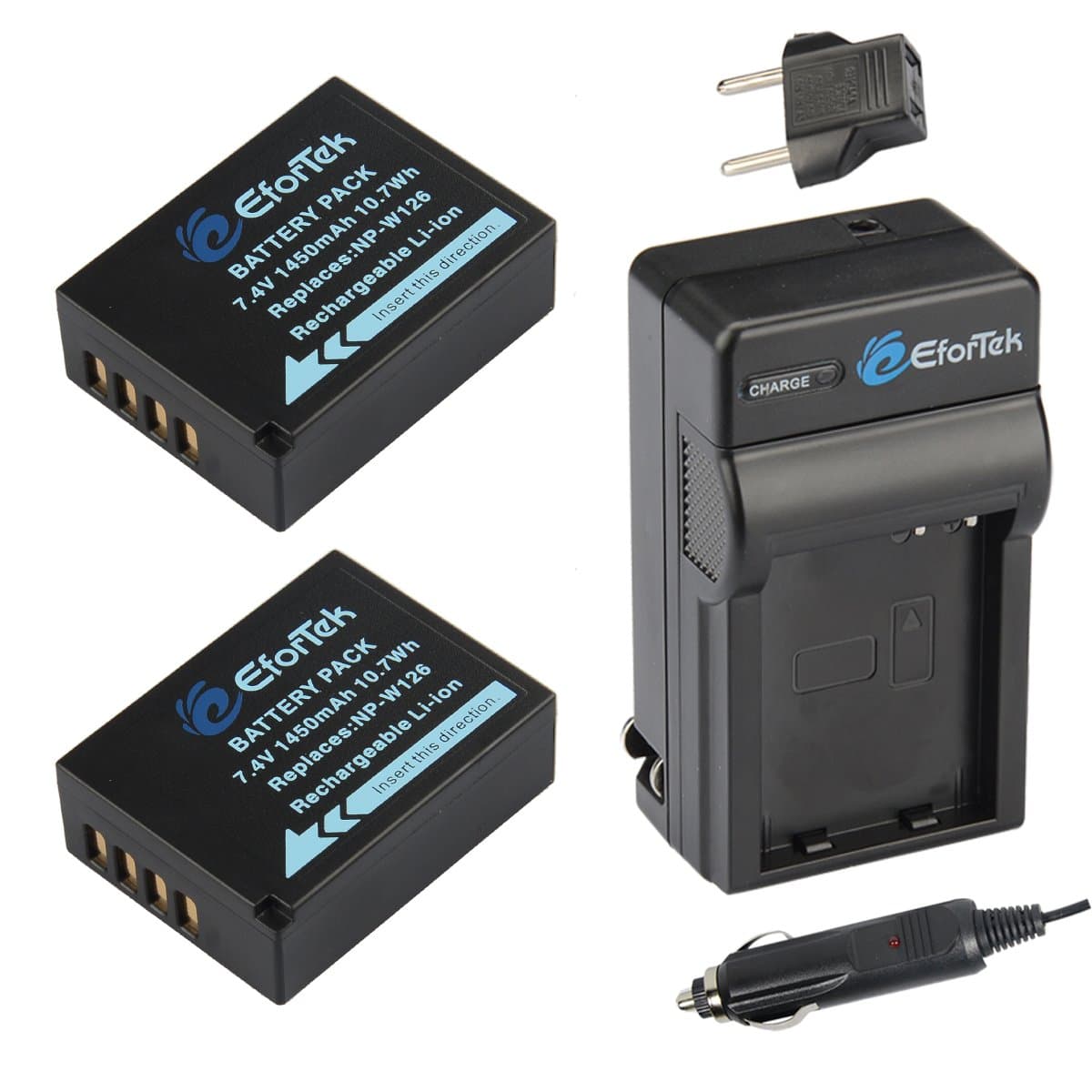 EforTek NP-W126 Replacement Battery (2-Pack) and Charger Kit for Fujifilm NP-W126,NP-W126S and Fuji FinePix HS30EXR, HS33EXR, HS50EXR, X-A1, X-E1, X-E2, X-M1,X-Pro1, X-T1,X-T2,X-A2,X-T10
