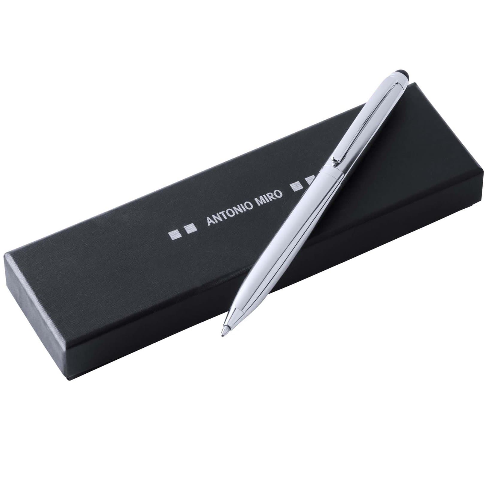 LV PublicidadANTONIO MIRÓ Silver metallic stylus ballpoint pen Presentation logo case, perfect for a gift