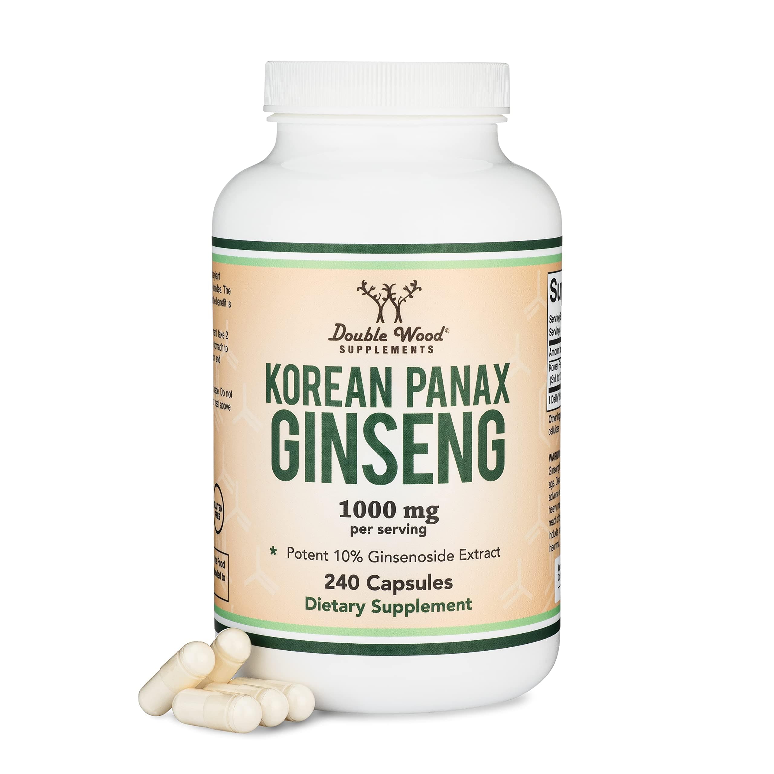 Panax Ginseng (Korean Red Variety) Vegan Capsules - 1,000mg per Serving for Mood, Cognitive Function, Energy and Stress by Double Wood Supplements (240 Capsules)