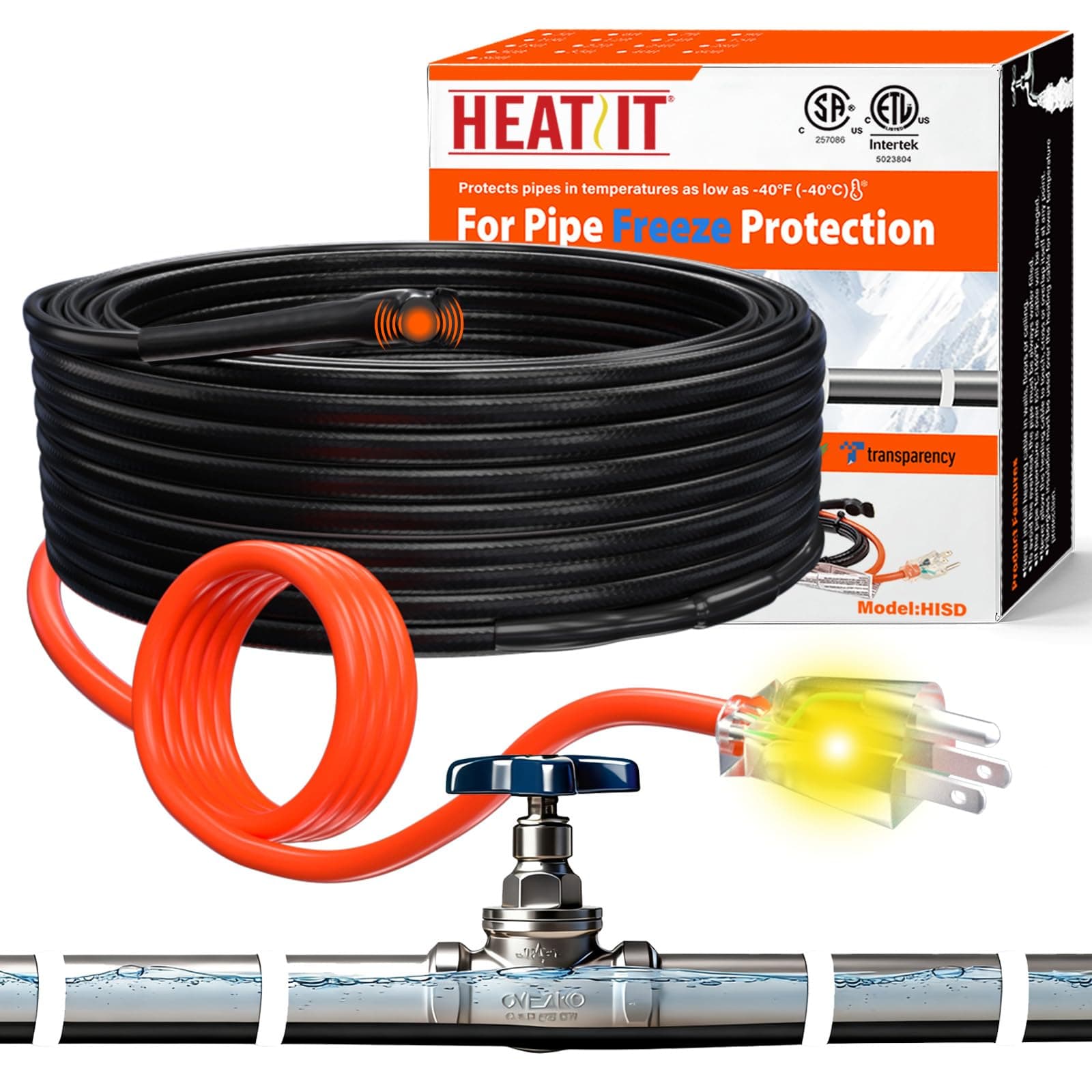 HEATIT Heat Tape for Water Pipes - Prevent Freezing, Trusted Winter Essential, CSA & ETL Approved, Keeps Water Flowing, Reliable, Efficient, Durable heated pipe wrap cable HISD 40ft, 7w/ft, 120V