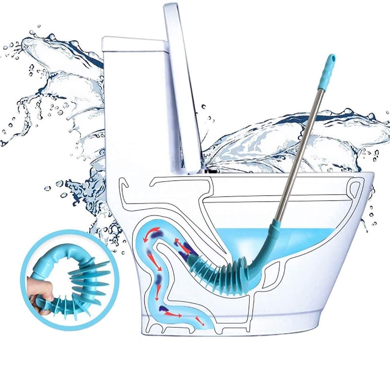 RECUTMSNew Toilet Plunger Piston Type Toilets Clog Remover 30 inch Length Flexible Rubber Head Stainless Steel Handle Dredge Pipe for Clogged Siphon