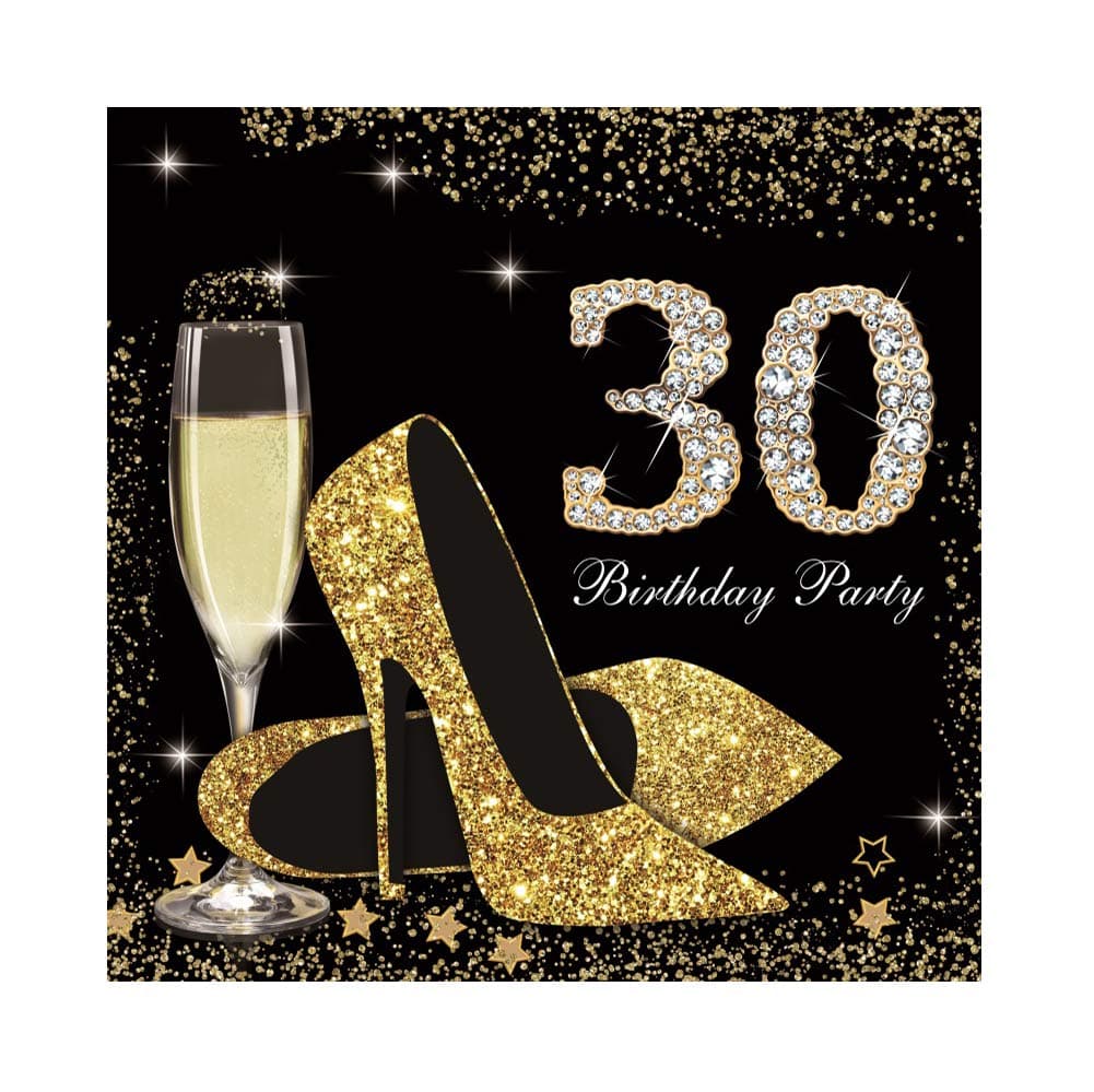DORCEV 8x8ft Happy 30th Birthday Party Backdrop Lady Queen Theme Birthday Lady Birthday Prom Party Background Shiny Golden High Heel Shoes Party Cake Table Banner Decor Photo Studio Props