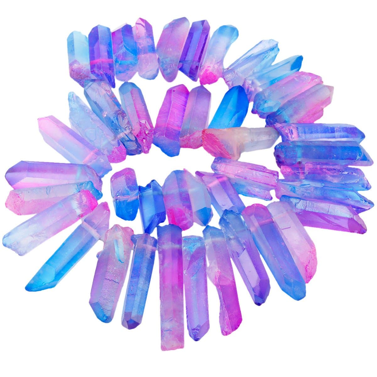 Nupuyai Natural Rock Crystal Quartz Crystal Points for Jewelry Making, Titanium Coated Aura Crystal Top Drilled Graduated Spike Stone Beads 15" Full Strand