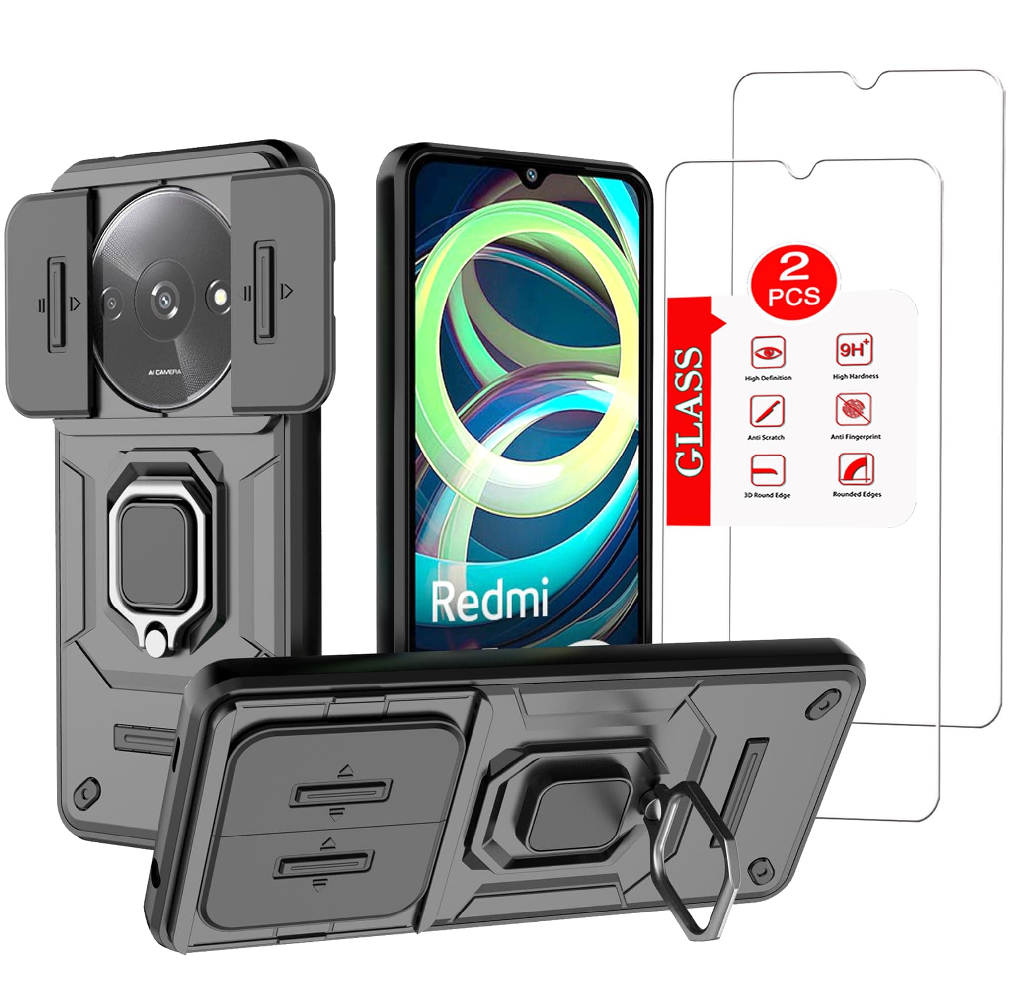 for Xiaomi Redmi A3 Case with [2 Pack] Tempered Glass Screen Protector, for Redmi A3 Case [Military-Grade] Protective，with Lens Protects Magnetic Kickstand Mount Holder Black