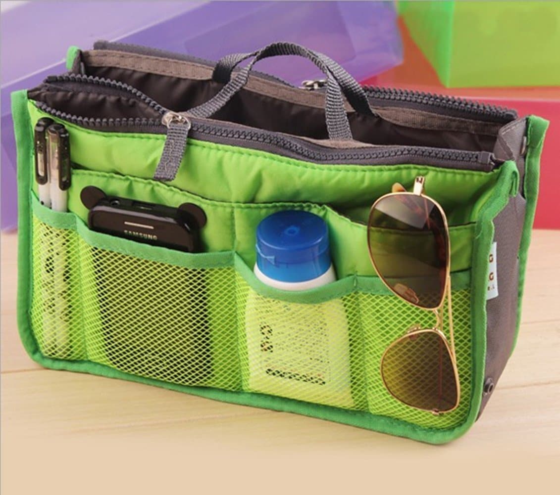 Nylon Handbag Insert Comestic Gadget Purse Organizer, Expandable w/Handles (Green)