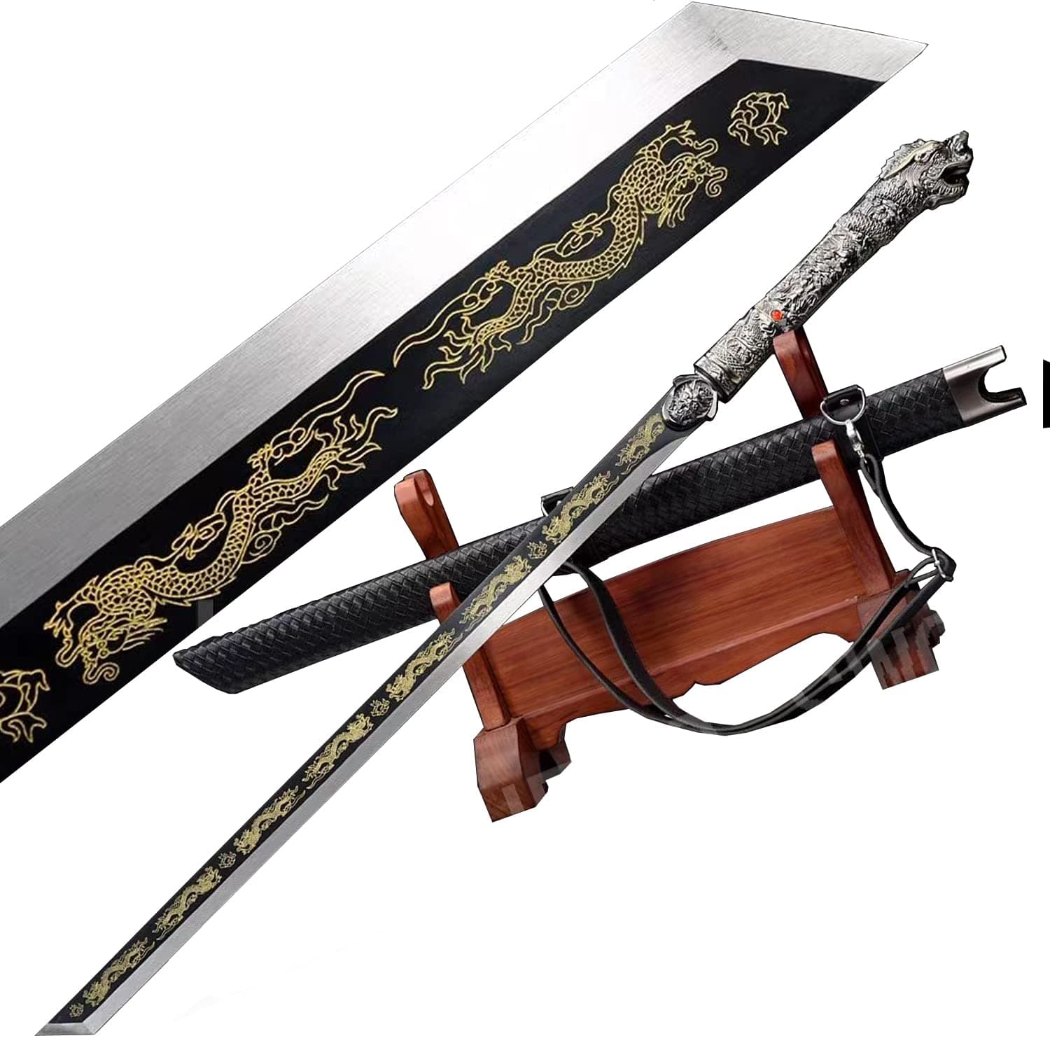 Dragon Head Chinese Kungfu Broadsword Sword Katana Wushu Da Dao Sharp High Manganese Steel Black Blade Full Tang Knife
