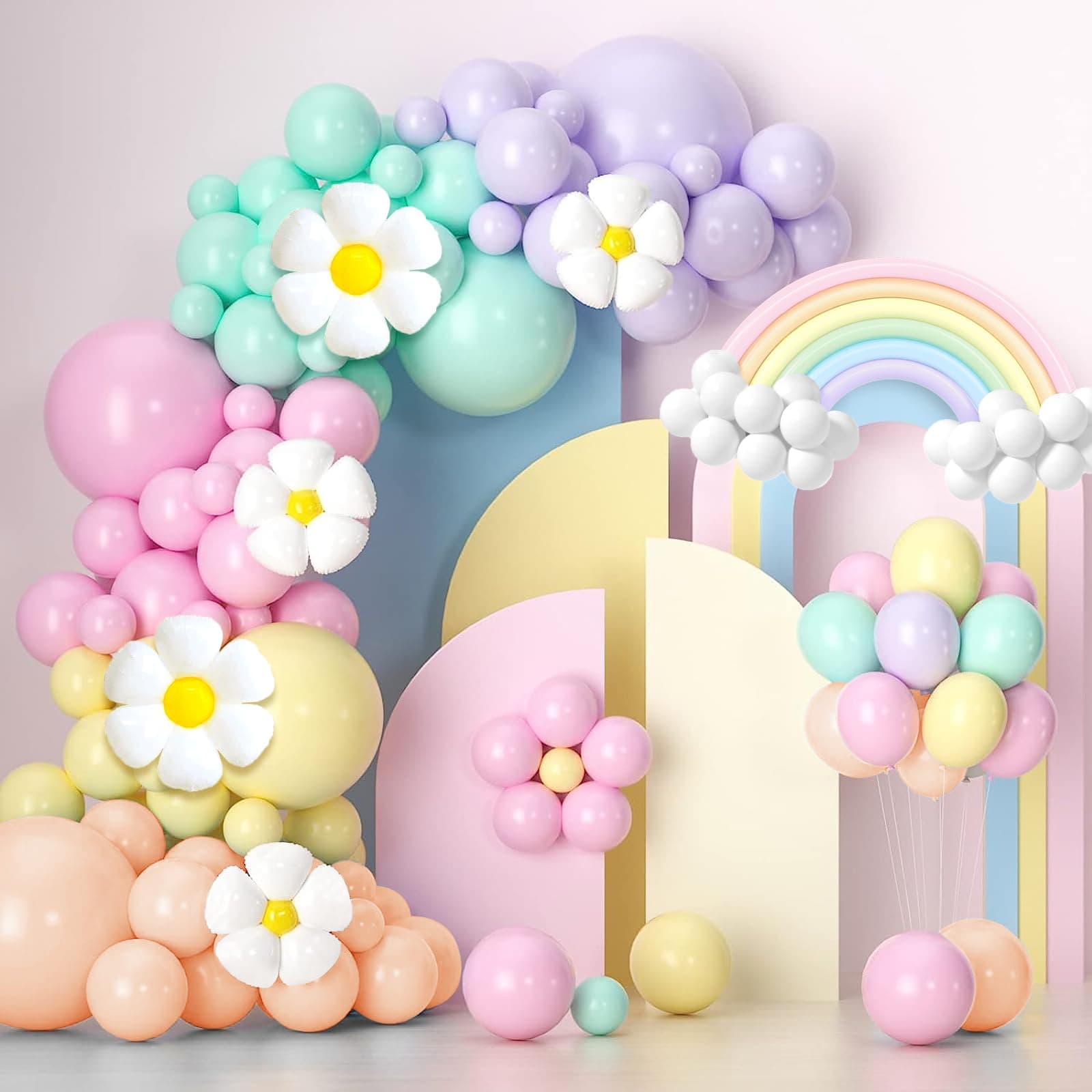 FUNTE Pastel Balloon Arch Kit Party Decorations With Daisy Balloons, Balloons And Long Rainbow Baby Shower For Birthday Gender Reveal Decoration