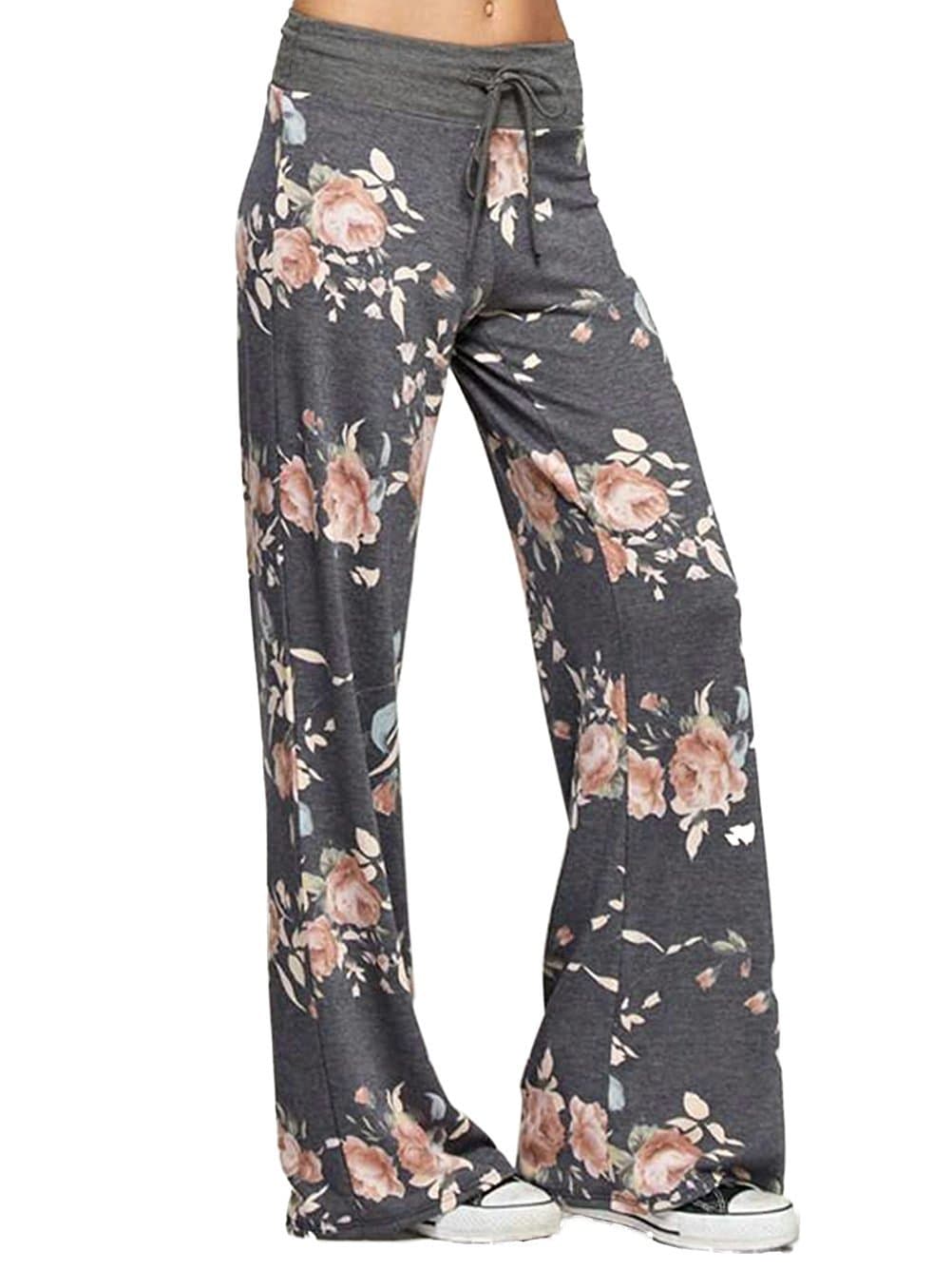 Women's Casual Floral Print Drawstring Wide Leg High Waist Pants