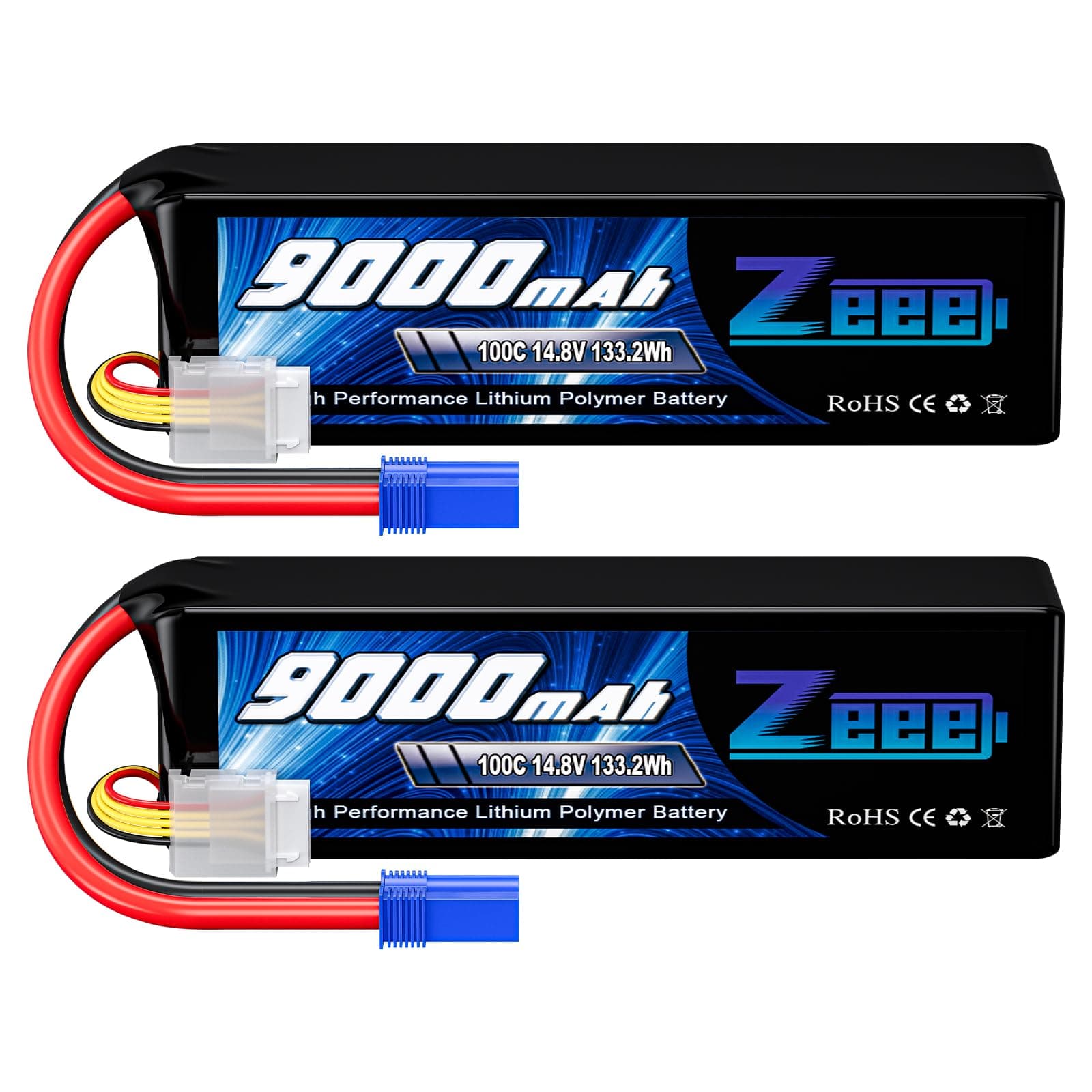 Zeee 4S Lipo Battery 9000mAh 14.8V 100C Soft Case RC Battery EC5 Connector with Metal Plates for RC Car Truck Tank Racing Models (2 Pack)