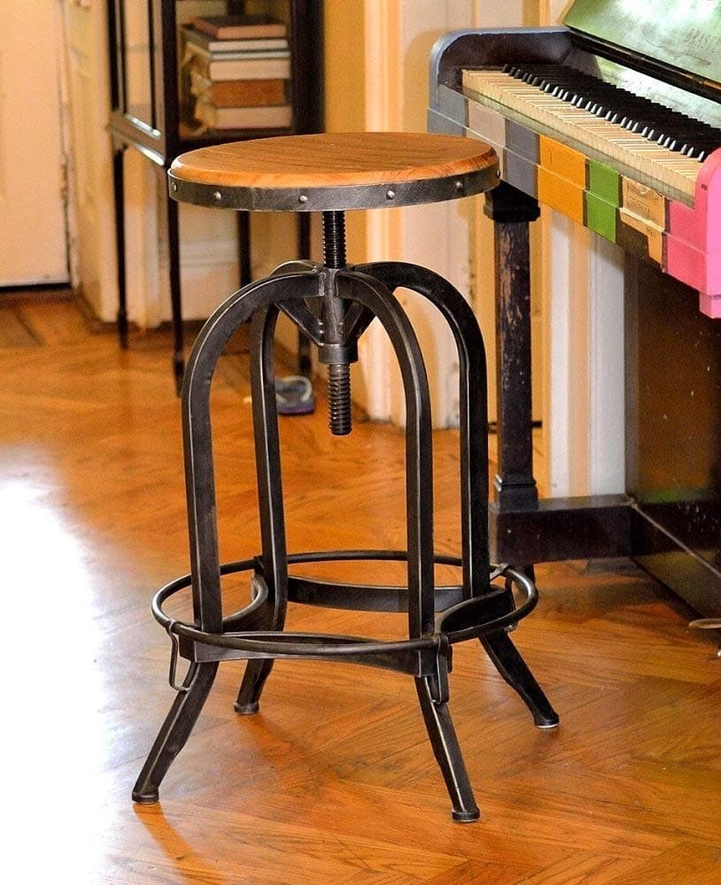 Bar Stool - Urban Vintage Retro Adjustable (66-85cm) Industrial Real Wood Top