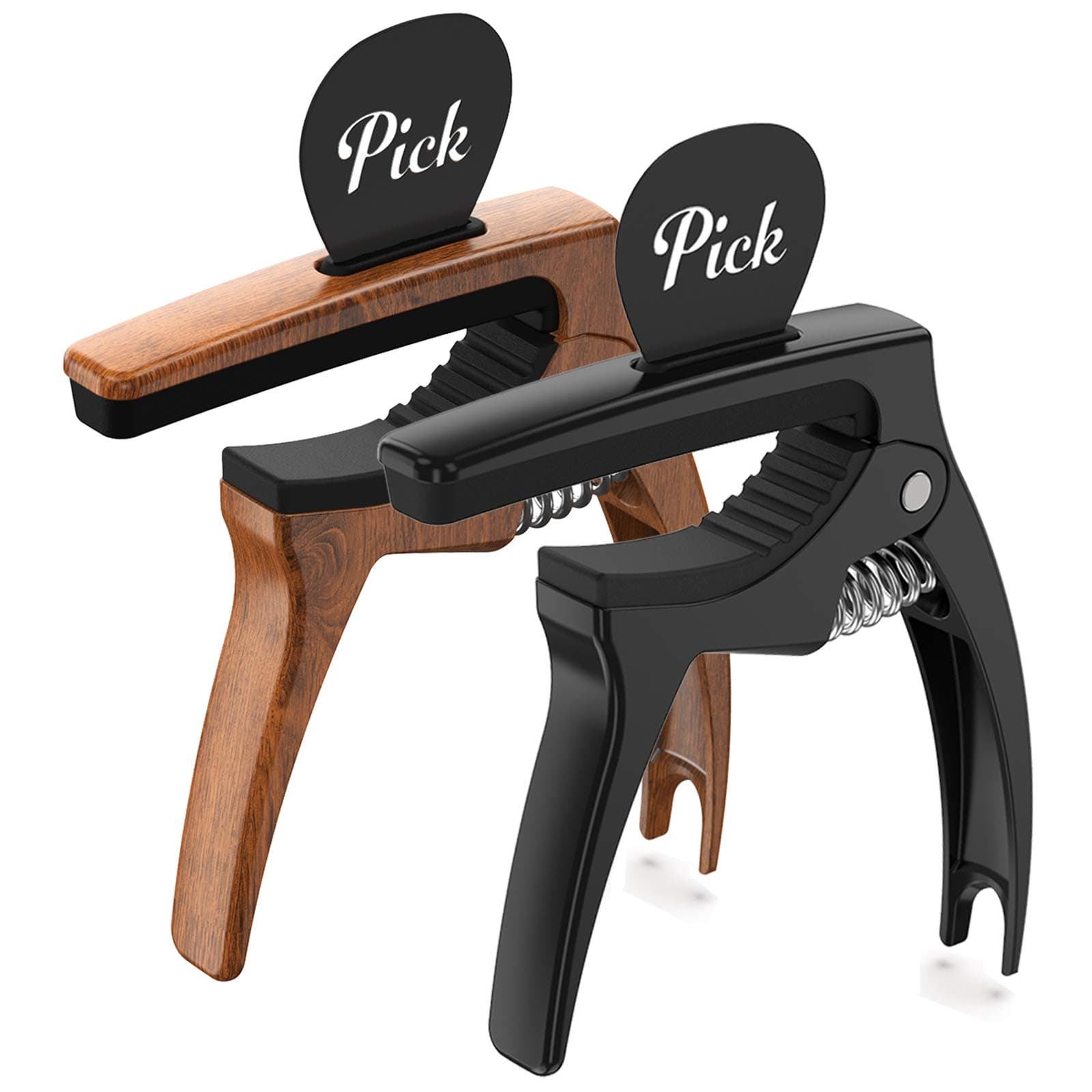 TANMUS 3in1 Guitar Capo for Acoustic and Electric Guitars,2 Pack(with Pick Holder and 6 Picks),Ukulele,Strings Accessories (Black&Wood)