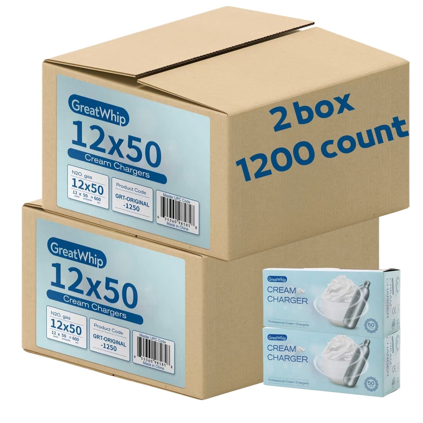 GreatWhip Whipped Cream Charger 1200 Count /2 Boxes 8.2g N2O Cartridges for Whipped Cream Dispenser