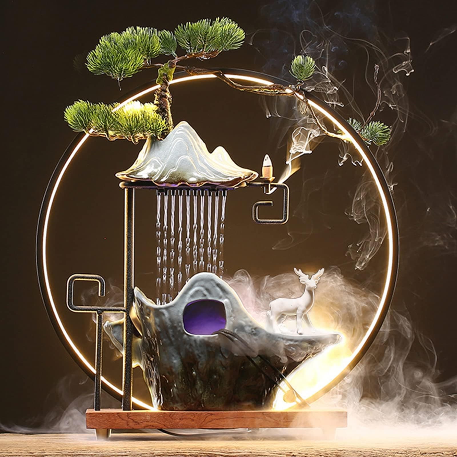 17In Water Fountains Indoor Tabletop Water Fall Humidifier W/LED Light & Atomizer Mist, Zen Decor Meditation Japanese Decor Fake Plants Feng Shui Decor Festival Birthday Gift Good Luck Wealth