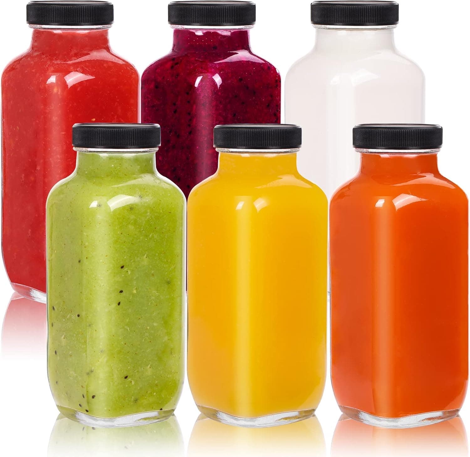 6 Pack Glass Juice Bottles with Lids, 16Oz Clear Glass Jars with Caps - Reusable Empty Drink Containers for Juicing, Smoothies, Water, Milk, Kombucha Storage, Wellness Shots and More (500ml)