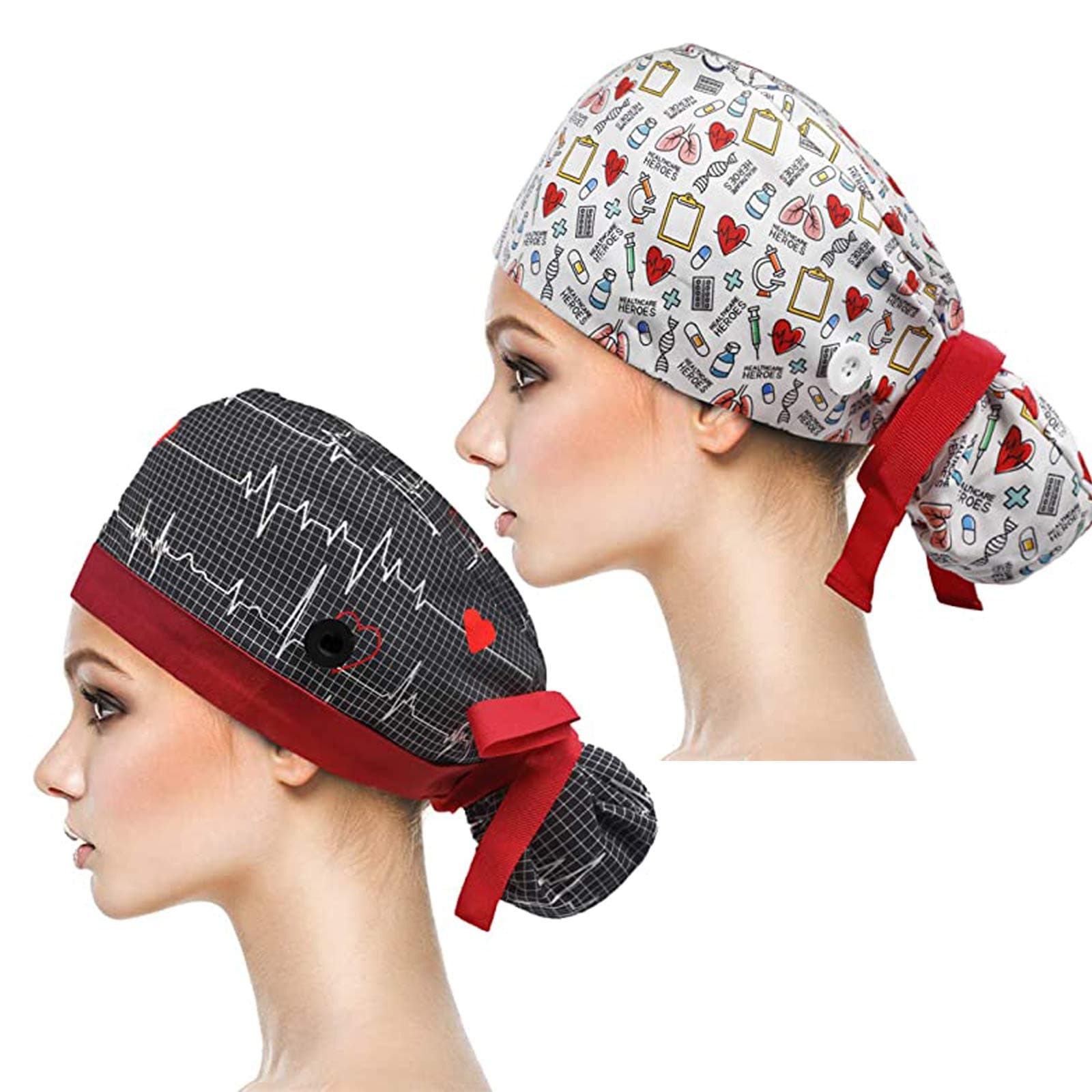 YUESUO 2 Pack Working Cap with Buttons and Sweatband,Cotton Working Hats with Adjustable Ponytail Pack Ribbon Tie Back Hats for Women & Men,Long Hair Head Covers Shower Caps