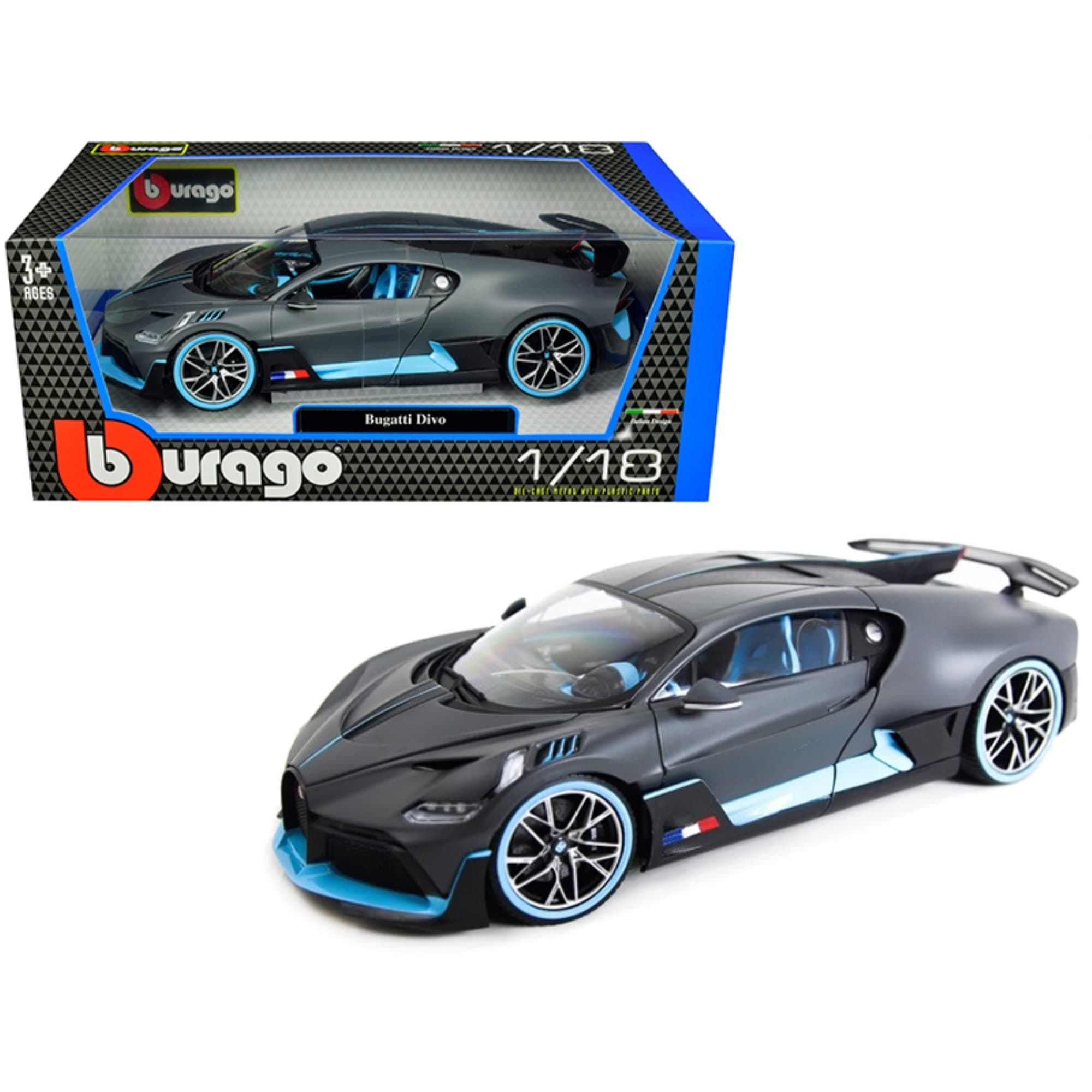 Bburago. Bugatti Divo Matt Gray with Blue Accents 1/18 Diecast Model Car by 11045
