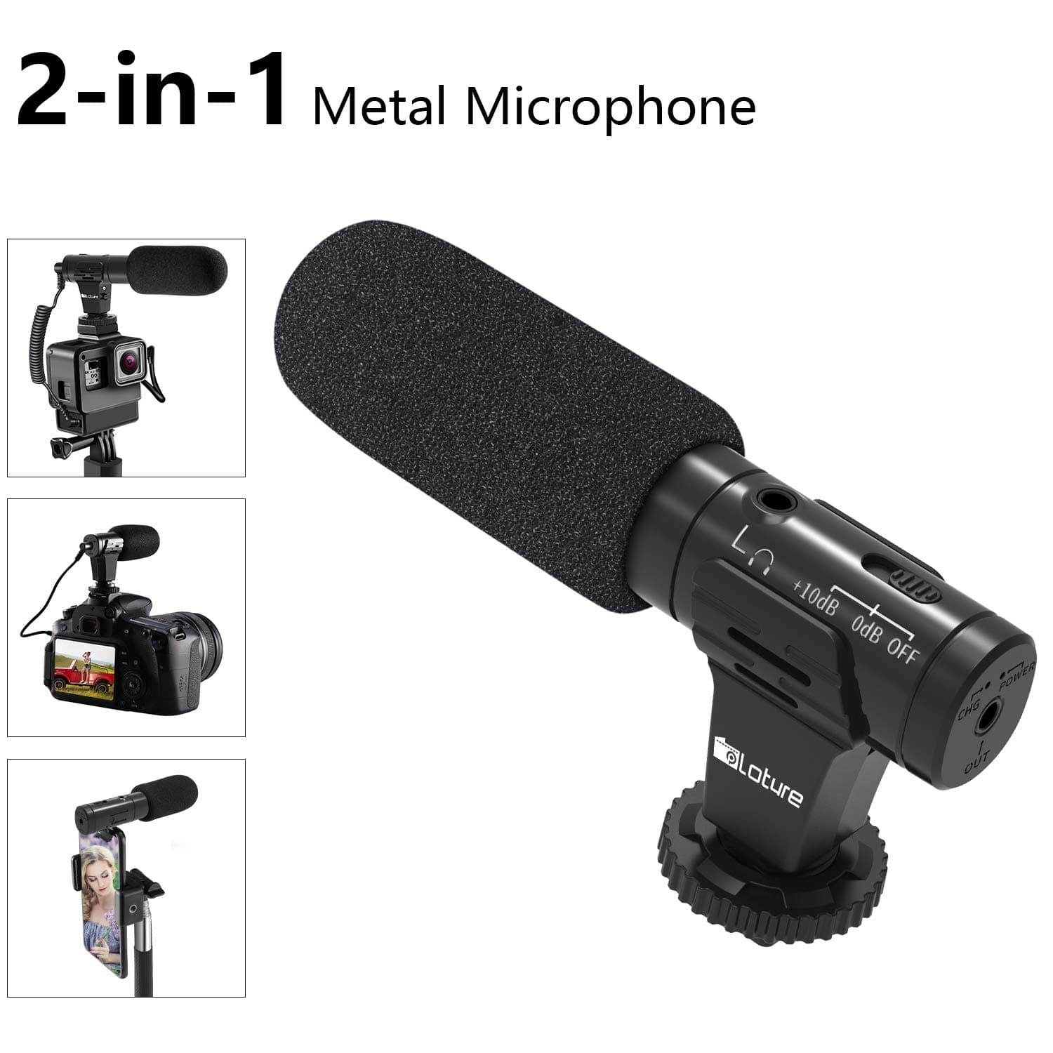 Ploture Phone Microphone and Video Microphone, Super-Cardioid Camera Microphone with Deadcat Windscreen and Earphone Monitor Hole Works with iPhone/Andoid/Smartphones/Camera (3.5mm Interface) (Metal)