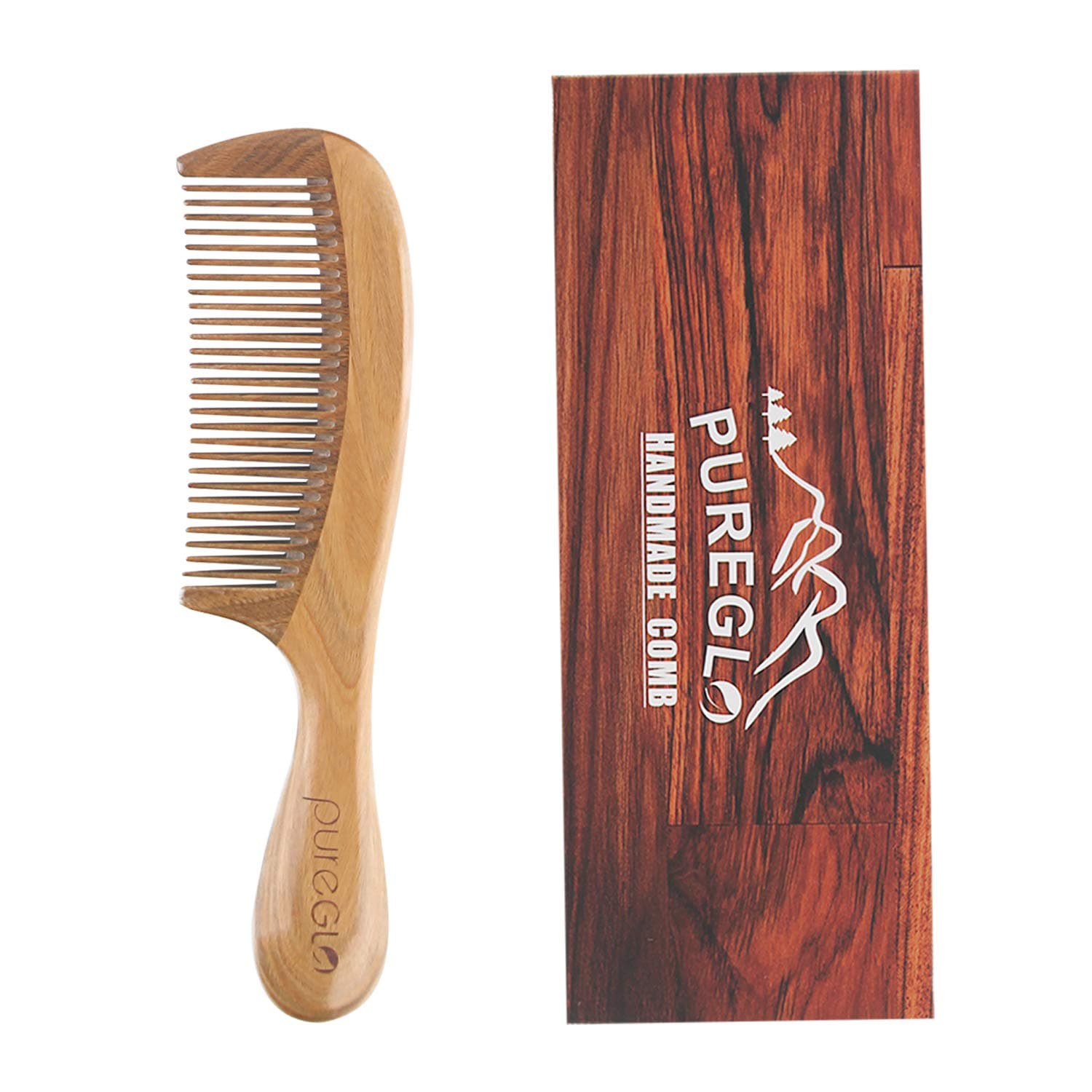 All Natural Hair Comb [Gift Box] - pureGLO No Static Detangling Wooden Combs - Handmade Natural Fine Tooth Comb