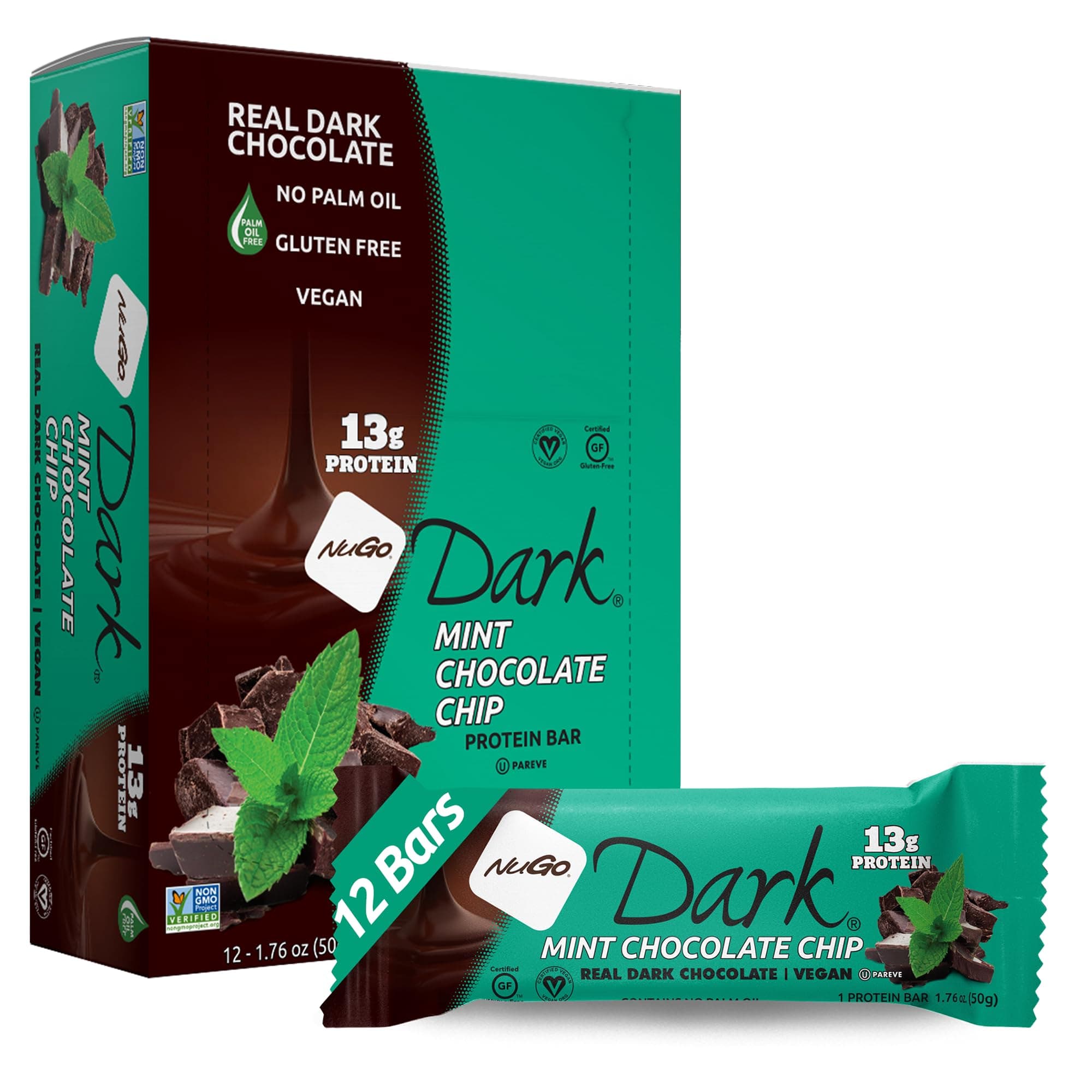Dark Chocolate Mint Chocolate Chip, 13g Protein Bar, Vegan, Gluten Free, Non-GMO, Kosher Pareve, 12 Count