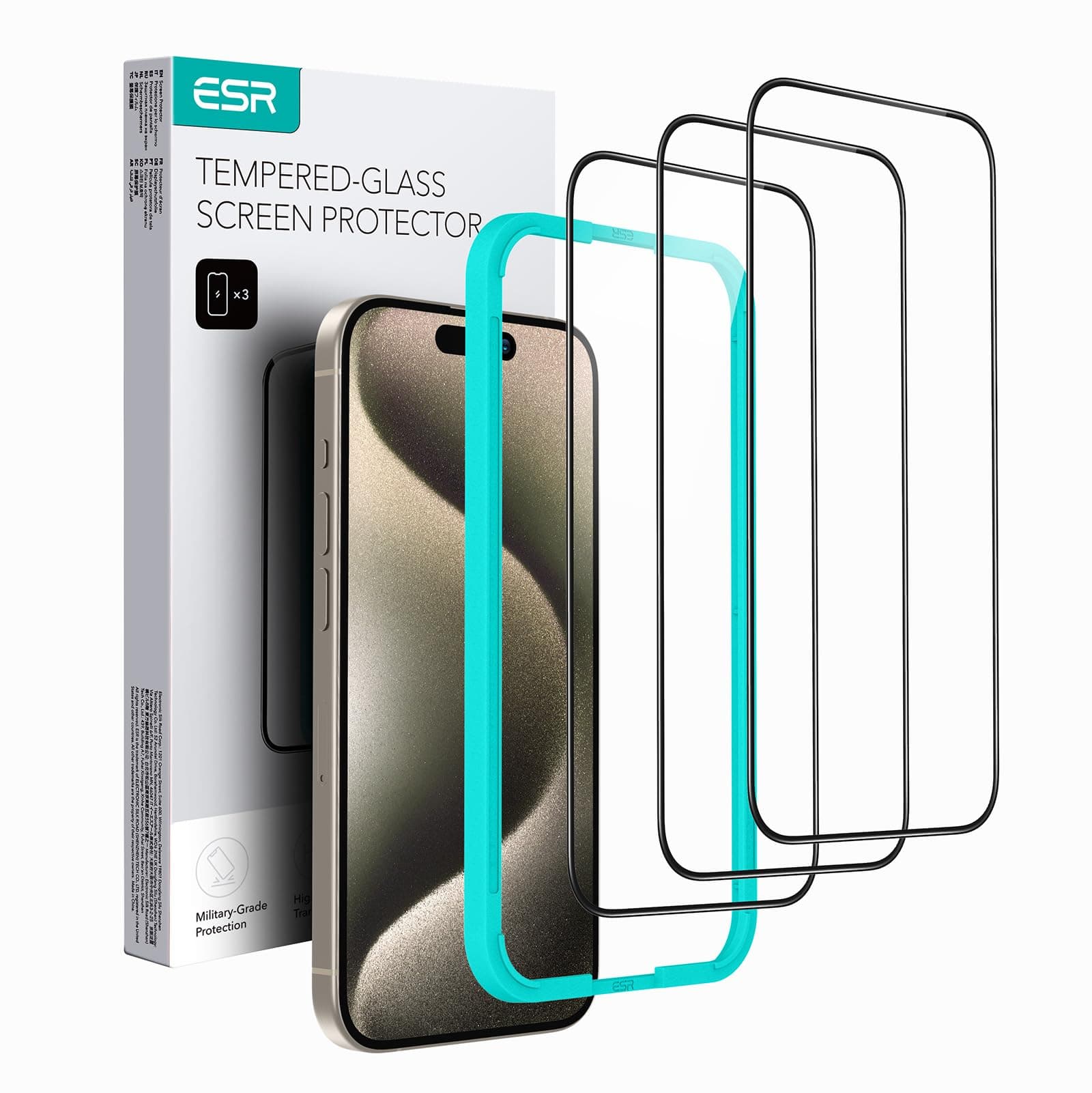 【Tempered Glass・3-Pack】ESR iPhone 15 Pro Max Glass Film Tempered Glass Protective Film with Guide Frame 3-Pack Set 2.5D Curved Edge Full Coverage US Military MIL Standard Protection Scratch Resistant