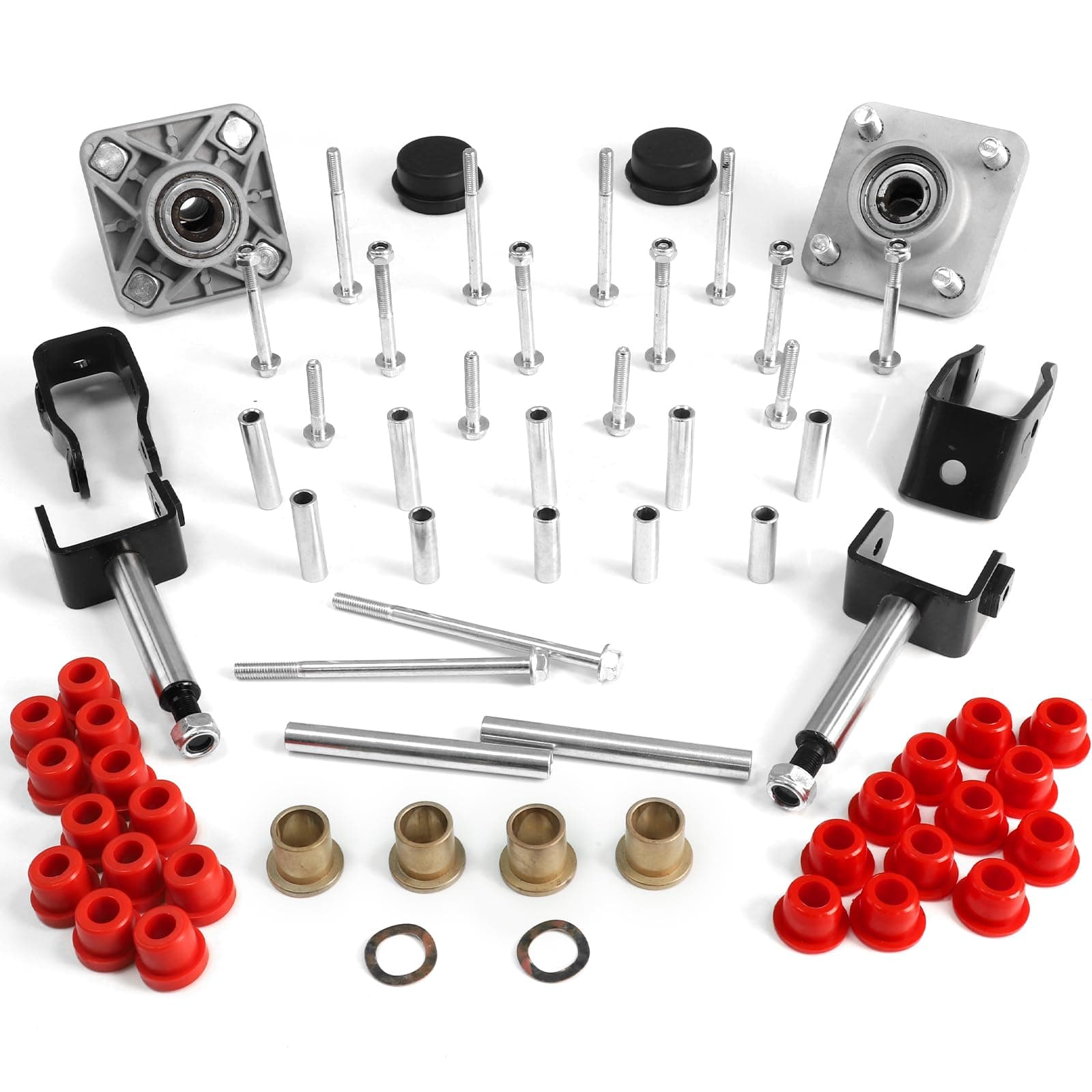 Golf Cart Front and End Repair Bushing Kits for 2004-Up Club Car Precedent, Deluxe Front & Rear Rebuild Kit with Wheel Hub Bearing Bushings, King Pin, Polyurethane Sleeves, Steel Plate Screws