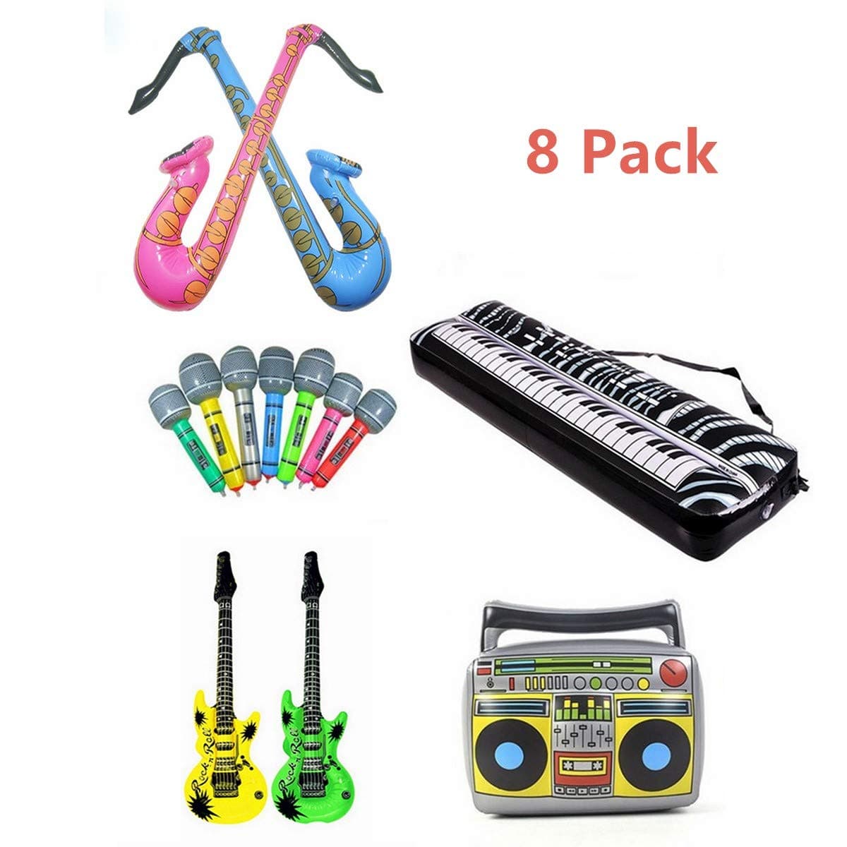 Inflatable Rock Star Toy Set, 8 Pack Inflatable Party Props, 2 Inflatable Electric Guitar, 2 Microphones, 2 Saxophone, 1 Inflatable Boom Box PVC Radio and 1 Inflatable Keyboard Piano