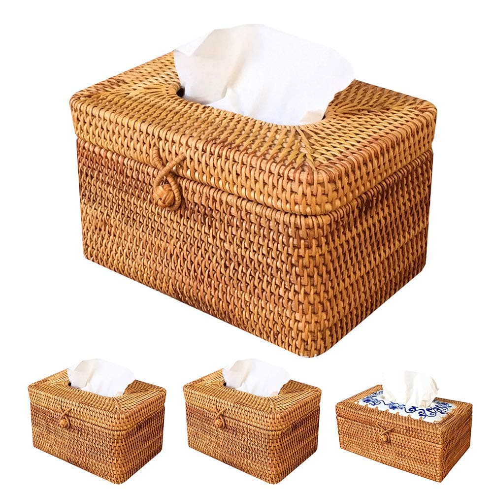 CURE SECRET Home Handmade Rattan Tissue Box Square Woven Paper Towel Storage Box for Kitchen/Living Room/Bedroom