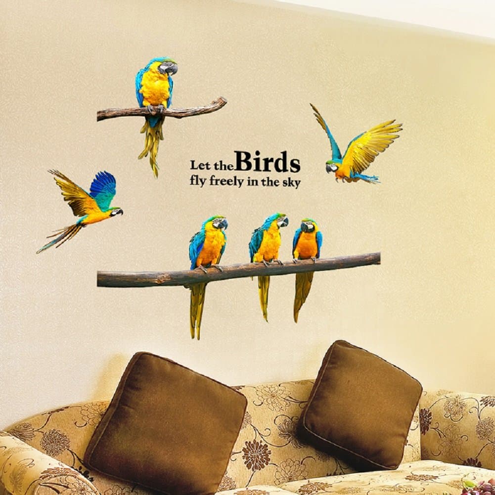 Nature Series SN-60 6 Macaw Parrot Vinyl Removable DIY Wall Art Mural Nursery Sticker Decor Decal for Baby Kids Girl Bedroom Playroom Bathroom Kindergarten Living Room Classroom 29" H X 32" W