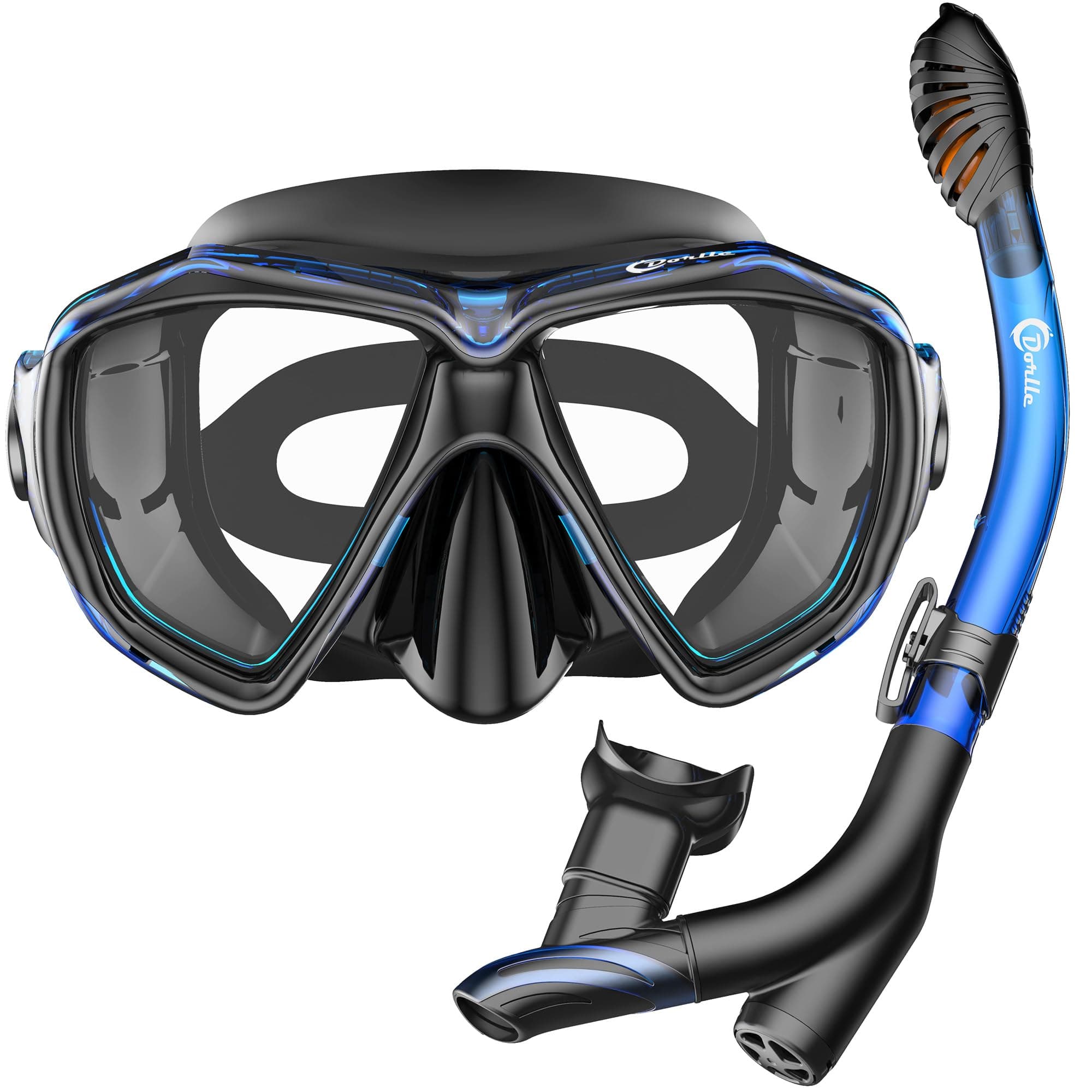 Snorkel Set Anti-Fog Snorkeling Diving Mask with Upgraded Free Breathing Tubes Anti-Leak Dry Top Snorkel for Adult and Youth Black&Blue