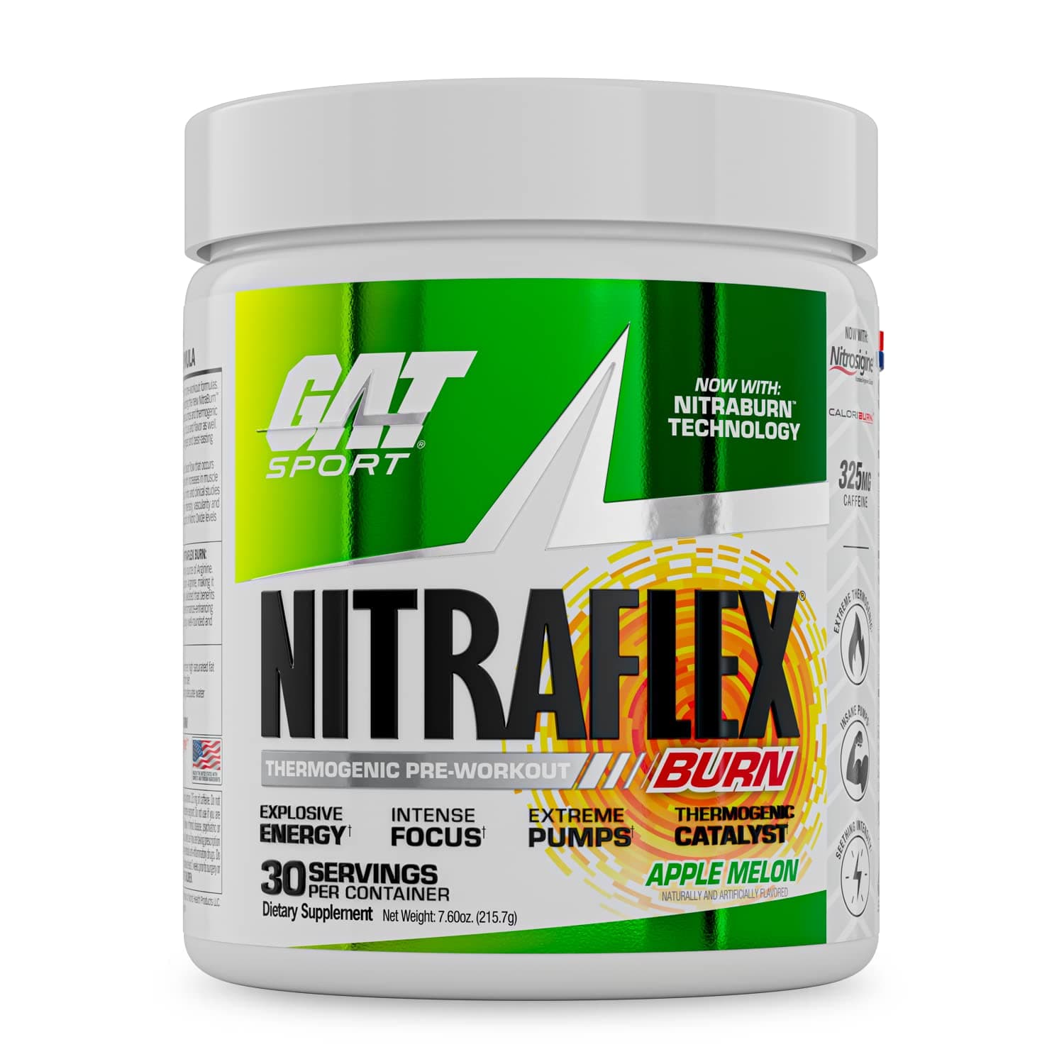 GAT Sport NITRAFLEX Burn - Thermogenic Pre-Workout - 30 Servings (Apple Melon)