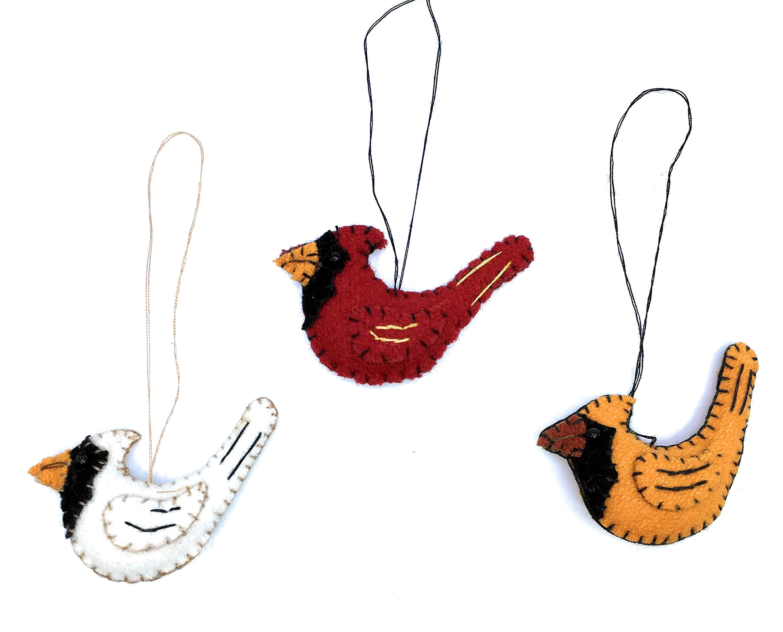 Ruth + Wilde Mini Bird Christmas Tree Ornaments, Set of 3 Wool Handmade, Cardinal Robin Finch Chickadee