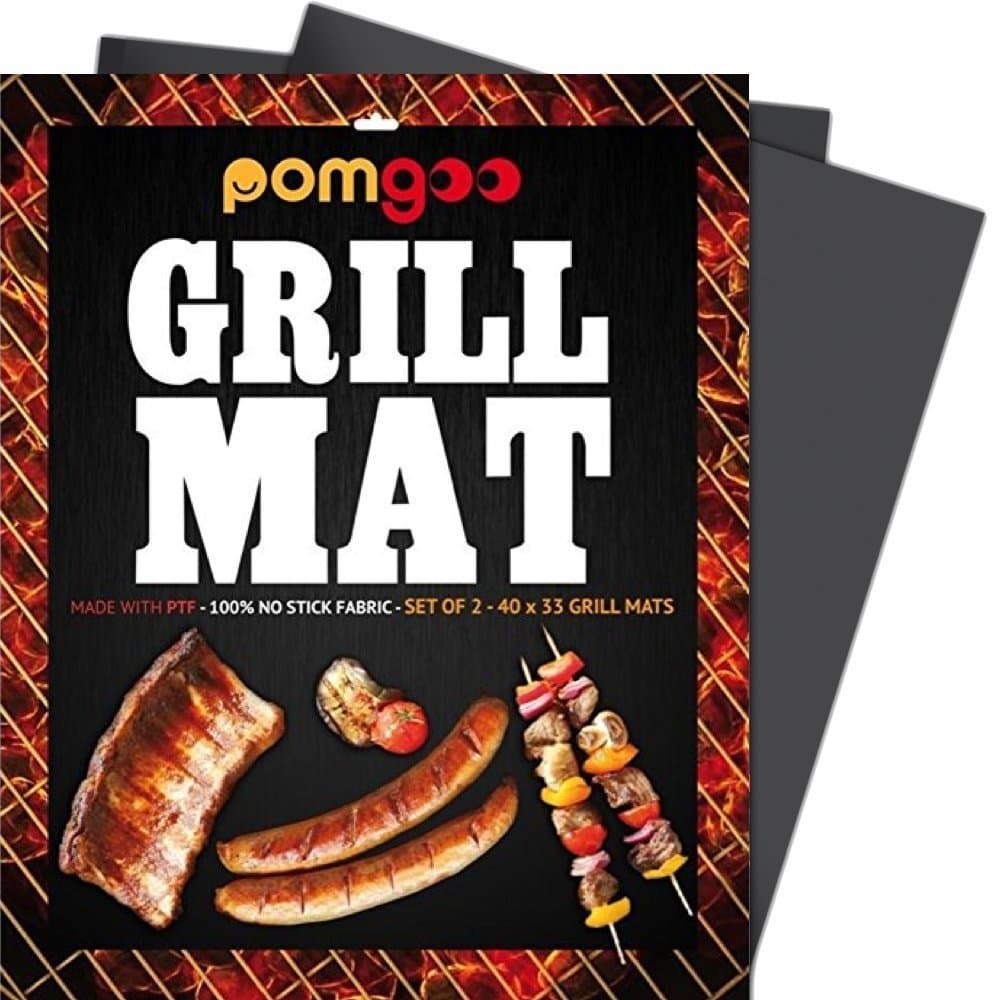 Grill Mat (Set of 2) by POMGOO - BBQ Grill Accessories for Deck, Gas, Charcoal and Electric Grill; Non Stick Reusable and Easy to Clean Grilling Mats for Barbeque | Pad Size 15.7 x 13 inches
