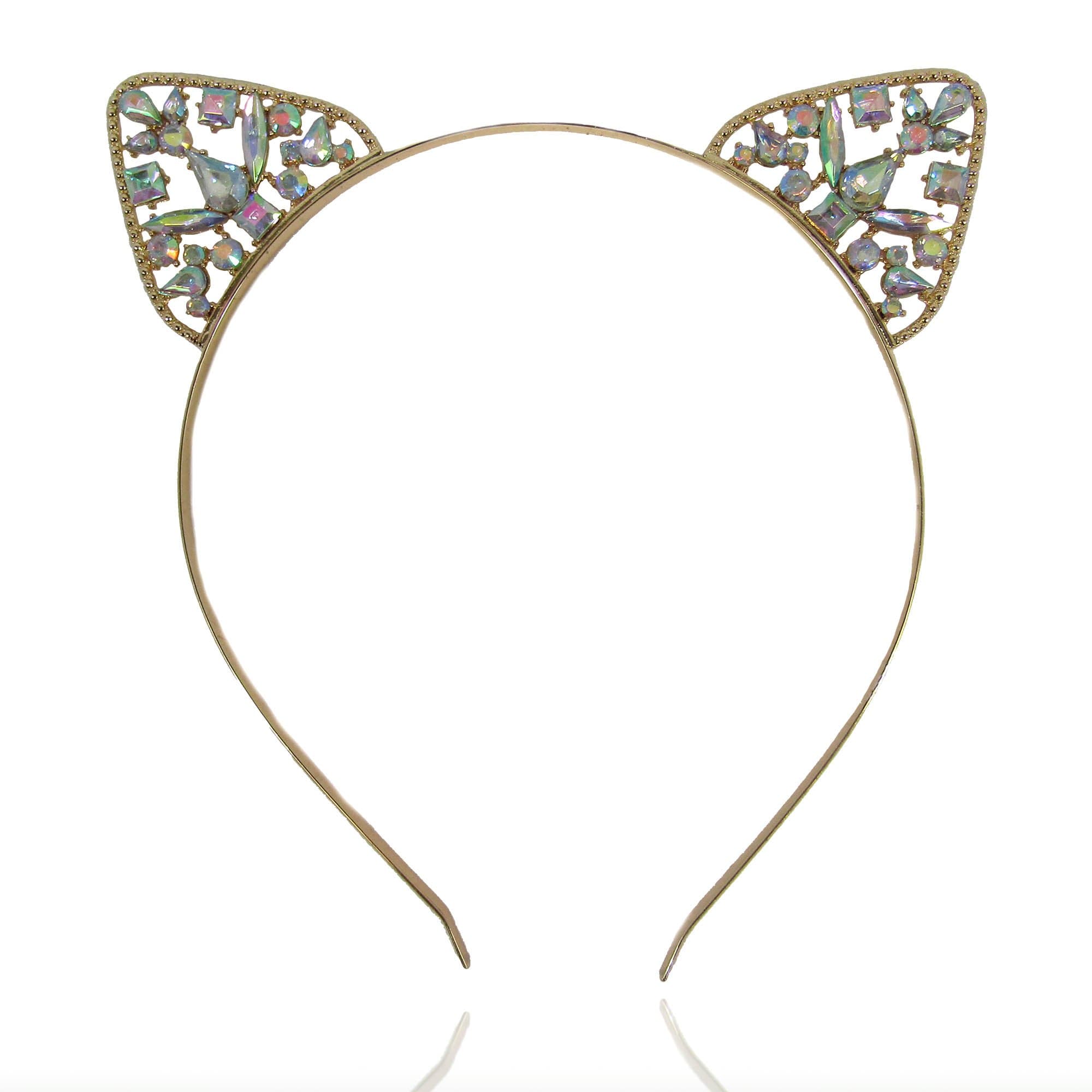 Women or Girls Iridescent Crystal Cat Ears Headband for All Ages (Gold)