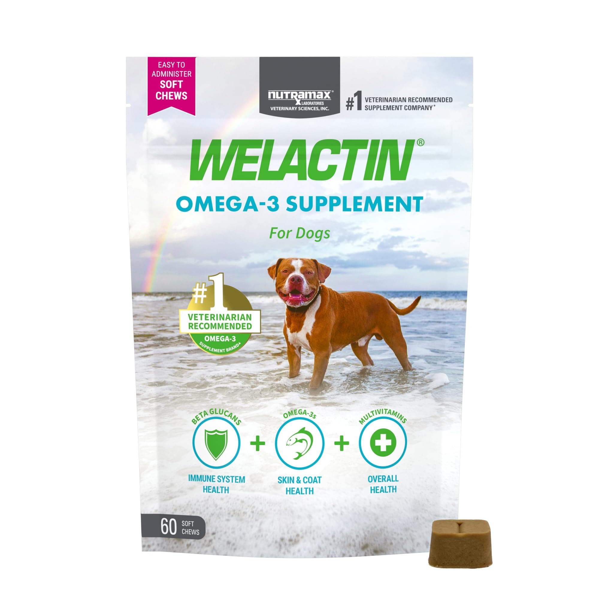 Nutramax Welactin Omega 3 Fish Oil for Dogs, Skin and Coat Health Supplement, Plus Immune and Overall Health, Premium Omega 3 Fatty Acids, Multivitamin For Dogs, Soft Chews, 60 Count