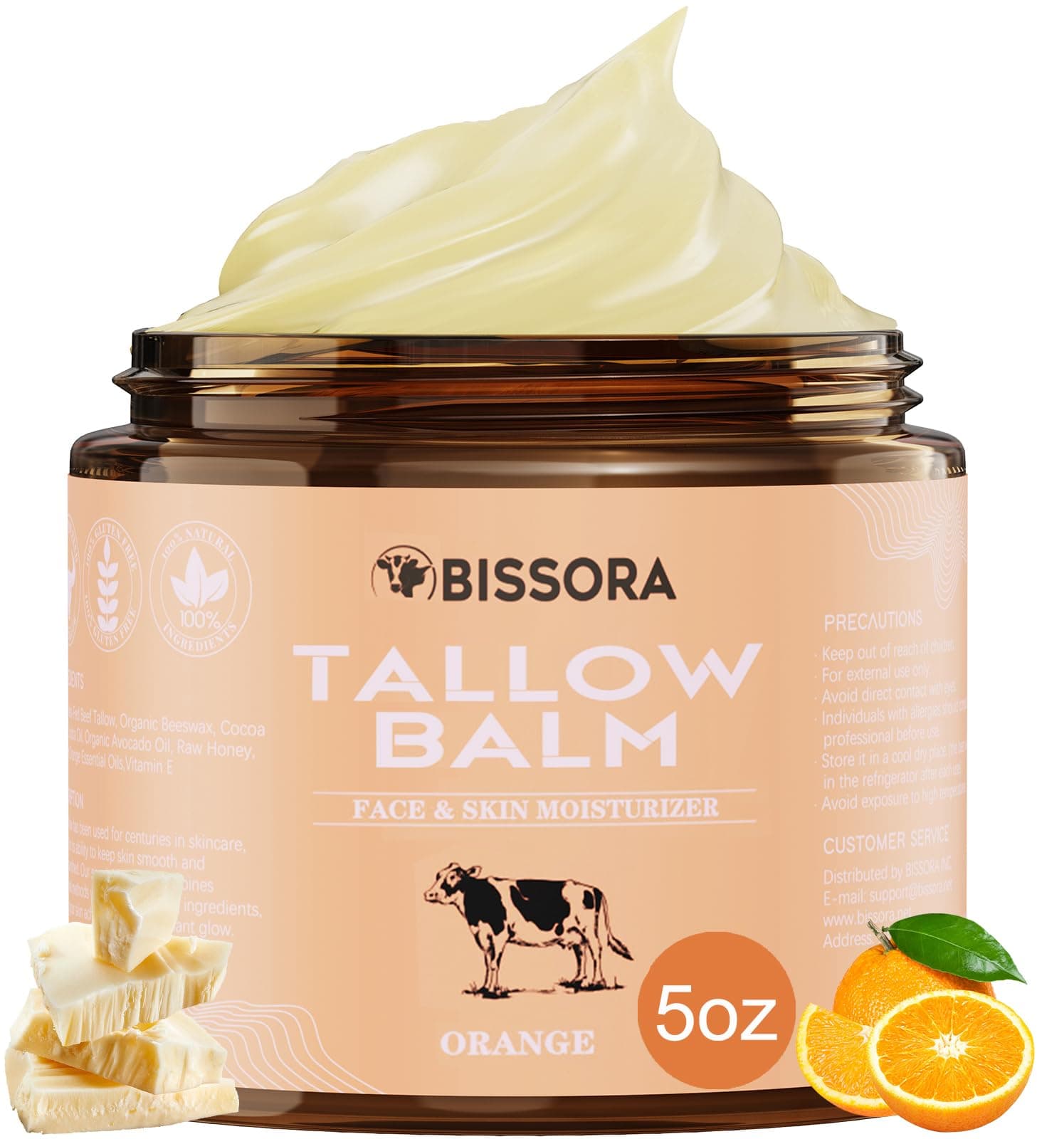 Beef Tallow for Skin, Organic Grass-Fed Beef Tallow Balm with Raw Honey & Jojoba Oil - Whipped Moisturizer for Face & Body - All-Natural Skin Care for Soft, Hydrated Skin (5 OZ, Orange)