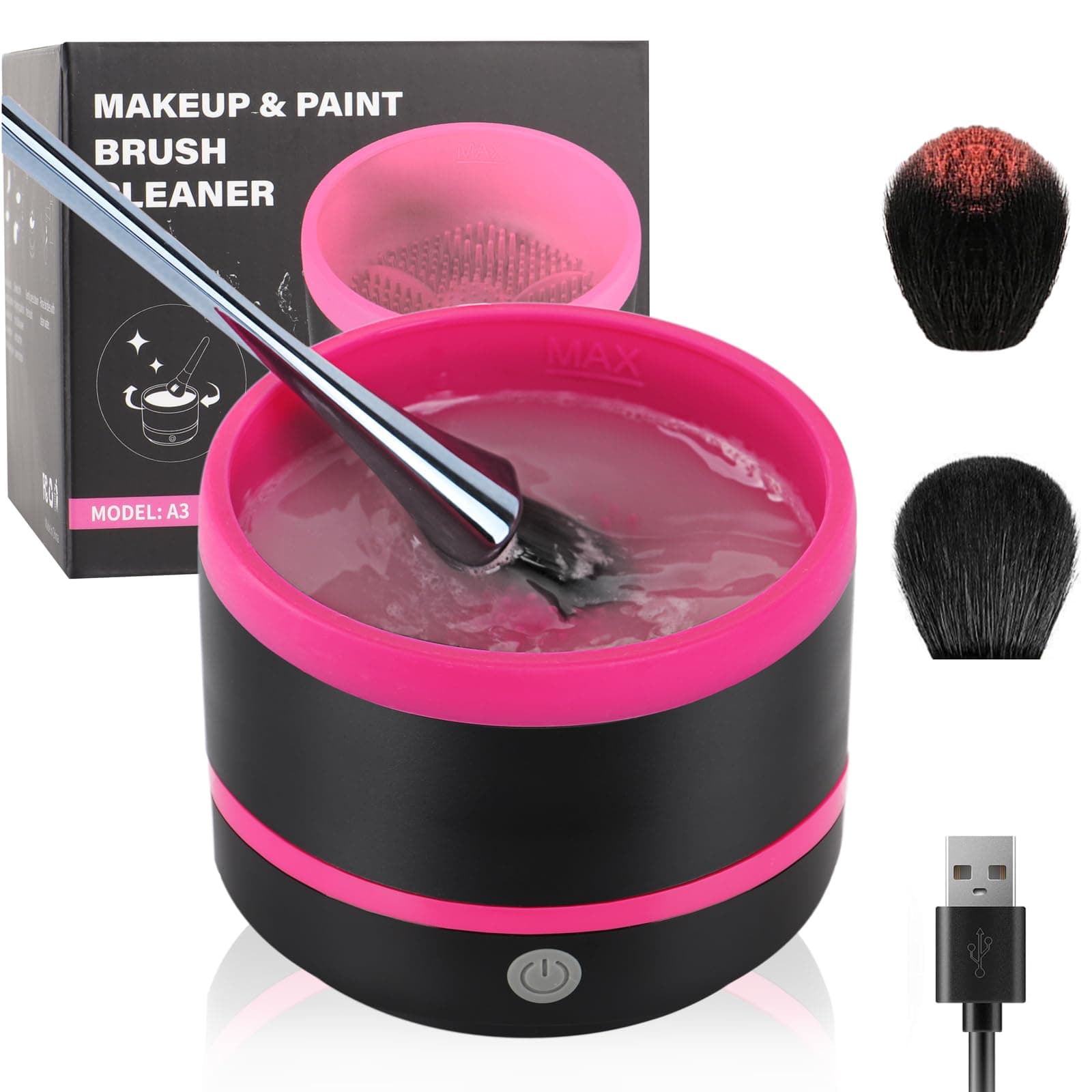 Electric Makeup Brush Cleaner Machine, Quick Cleaning Make Up Brush Washing Tool, Fast Spin and Clean in Seconds - Black & Pink