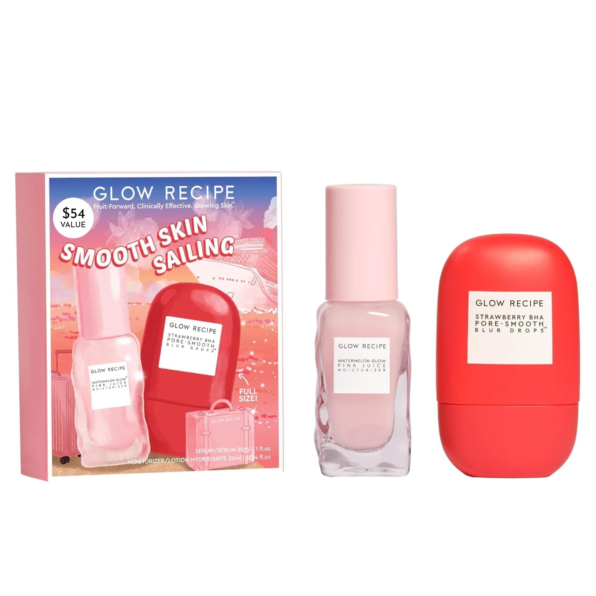 Smooth Skin Sailing Skincare Set - Watermelon Glow Pink Juice Facial Moisturizer + Silicone-Free BHA Strawberry Pore Minimizer Blurring Drops (2 Count)