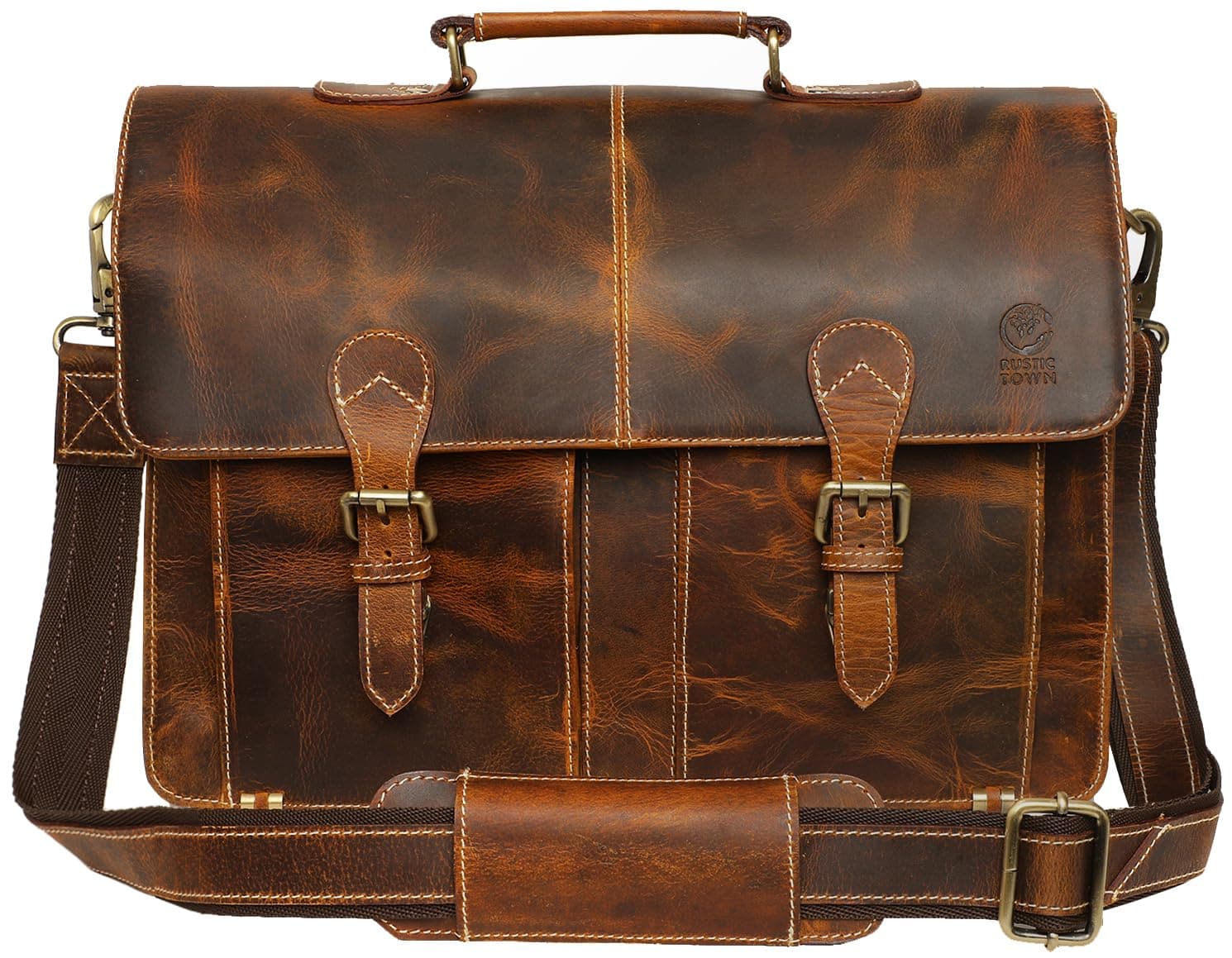 RUSTIC TOWN Handmade Leather Shoulder Briefcase Messenger Bag Mens 16 inch Laptop Satchel